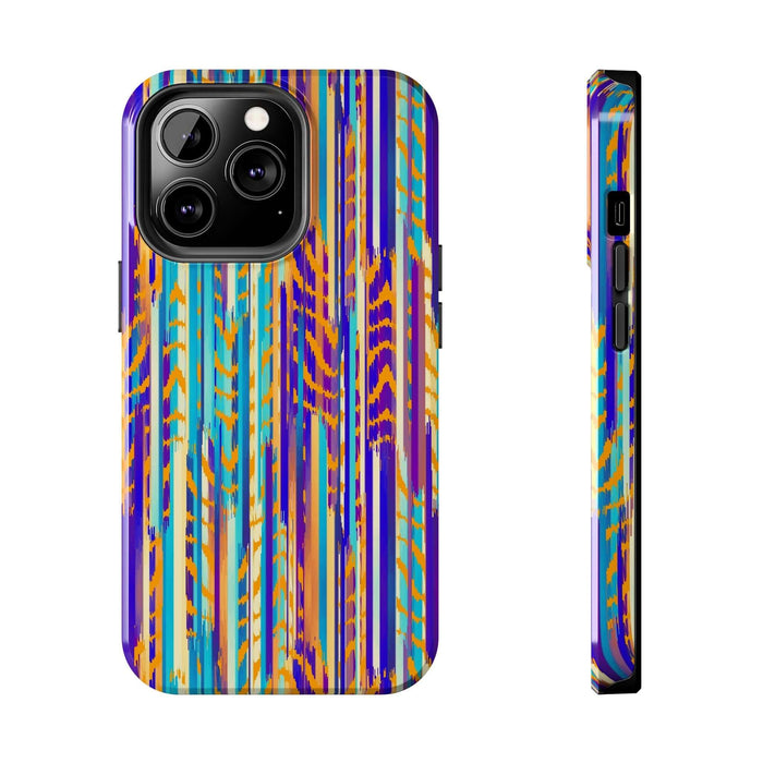 Colorful iPhone case with abstract tie dye design, featuring vibrant stripes in purple, blue, and orange. Cute phone case concept.