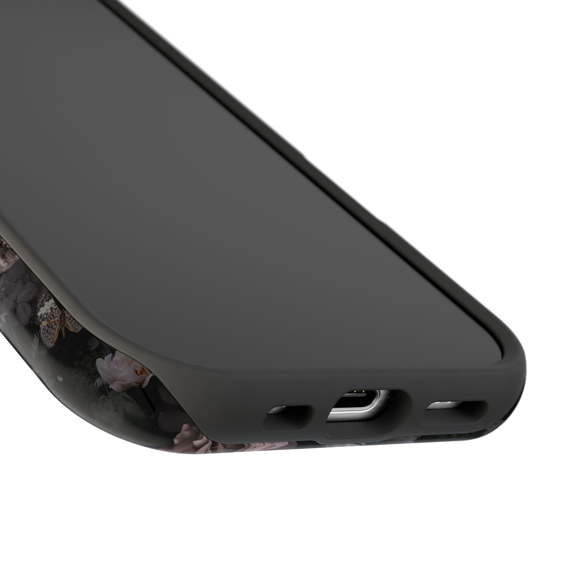 Midnight Curse MagSafe iPhone case with black floral design, showcasing a cute, protective phone cover for stylish trends.