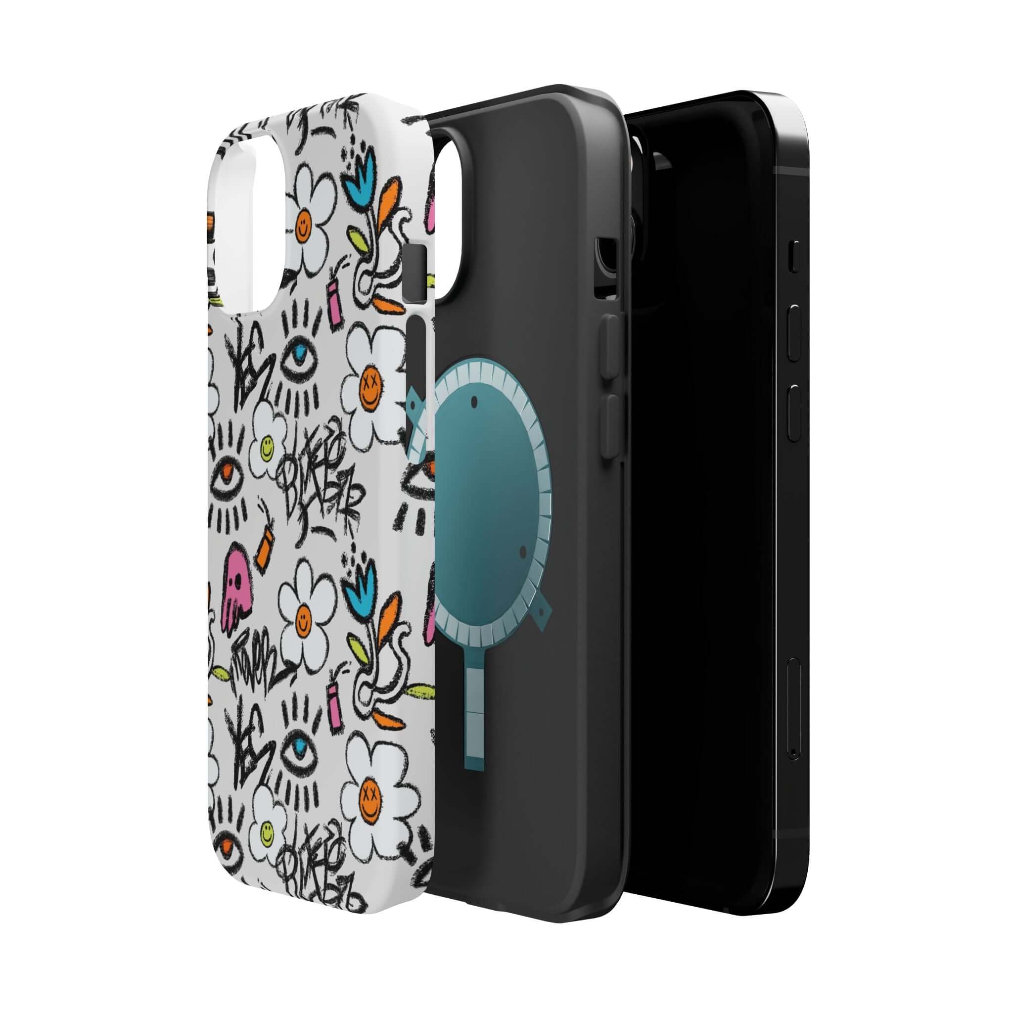 Colorful Happy Chaos Floral Graffiti Case showcasing vibrant design for iPhone, perfect cute phone cover.