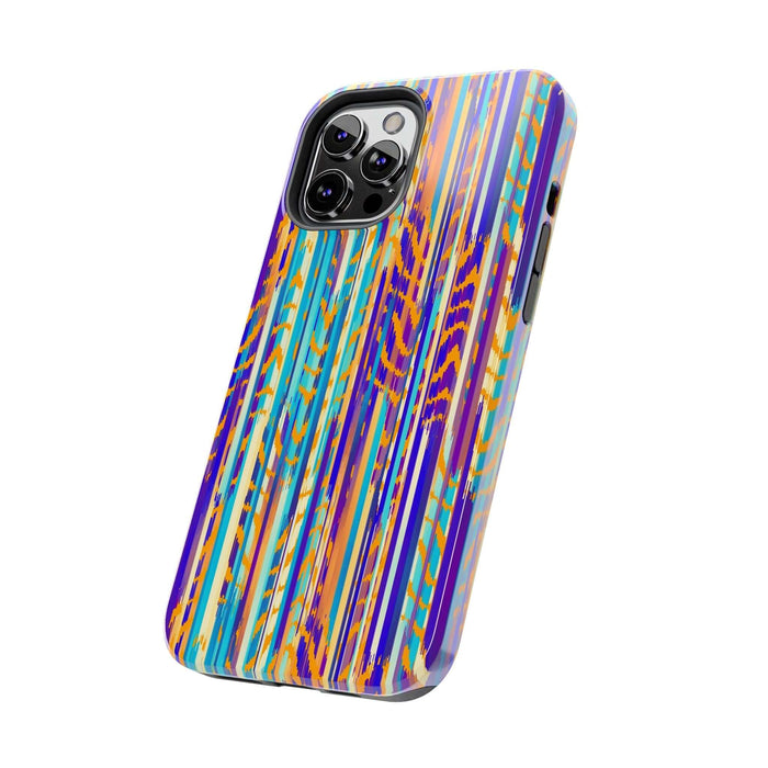 Colorful abstract tie dye iPhone case with vibrant stripes, showcasing a unique and cute design for phone protection.