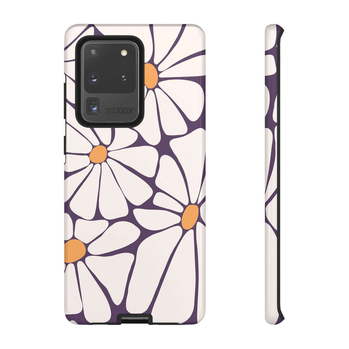 Retro flower power phone case with purple and white floral design for iPhone 14, Samsung, and Pixel devices. Cute and stylish protective case.