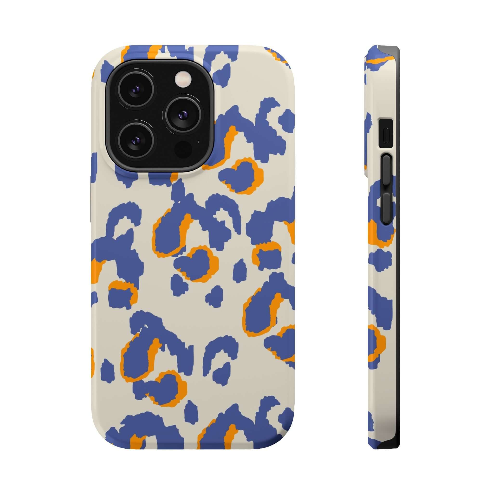 Blue leopard print iPhone case with abstract design, stylish Safari Blaze MagSafe case for a colorful and cute phone look.