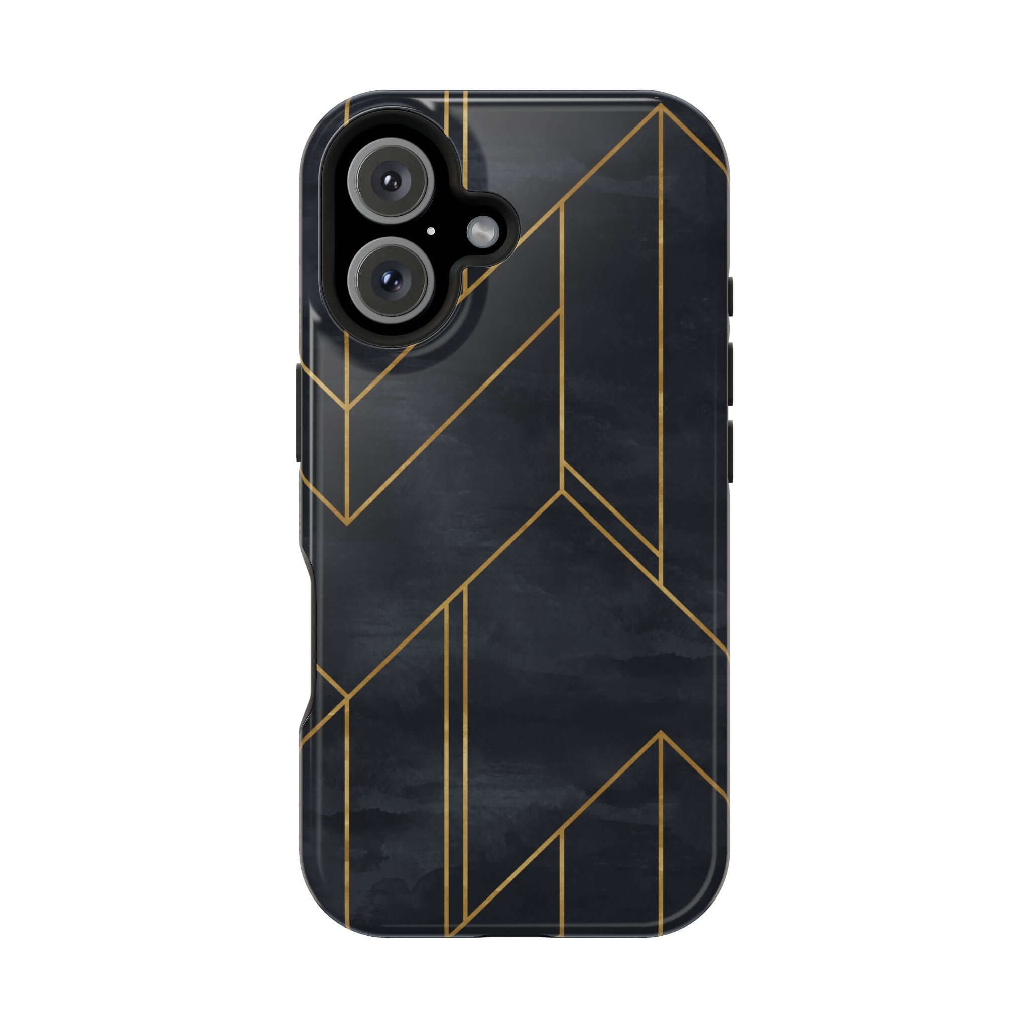 Sleek black Urban Vibe geometric iPhone case with colorful, abstract design, offering trendy protection for your phone.