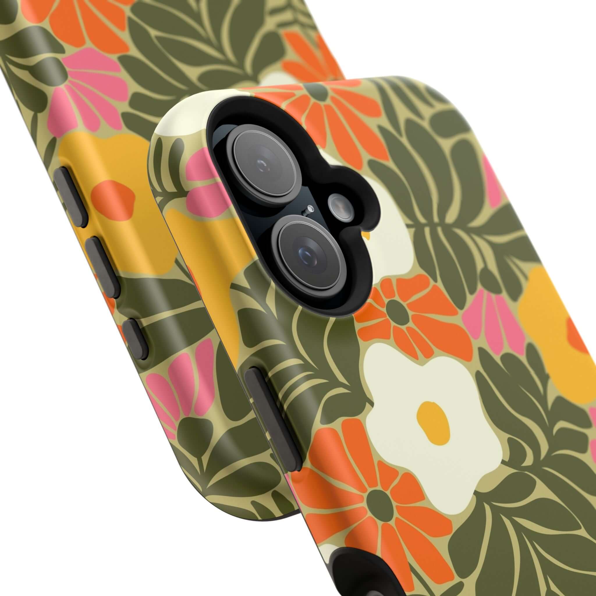 Retro floral design phone case featuring vibrant colors, perfect cute phone cover for Apple iPhone, showcasing tropical vibes.