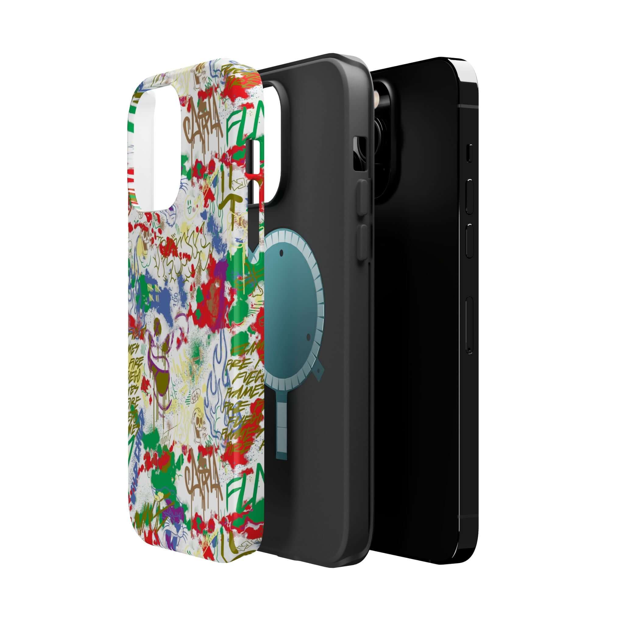 Colorful Art Attack phone case showcasing vibrant graffiti design and sleek black cover, perfect cute phone cover for iPhone.