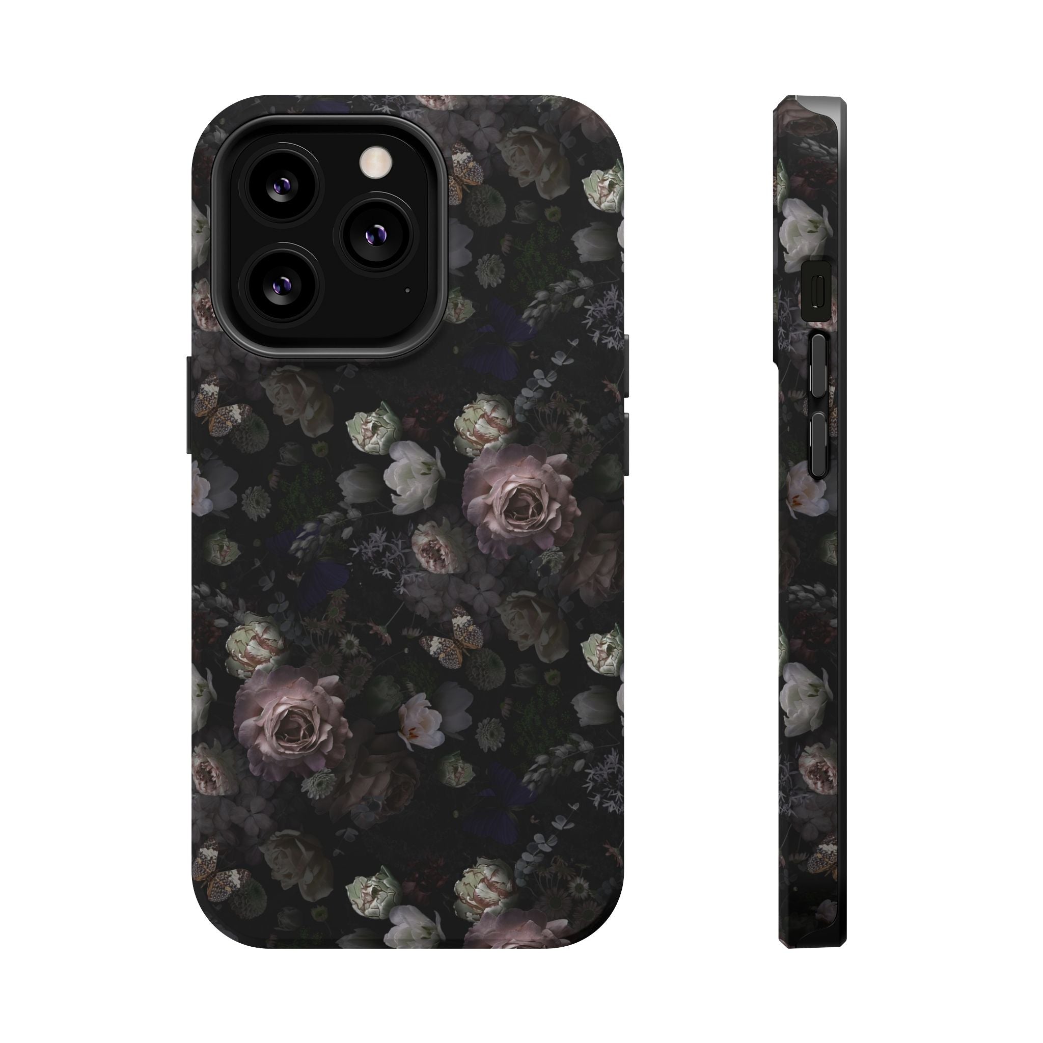 Midnight Curse black floral iPhone MagSafe case with cute rose design, protecting your phone in style.