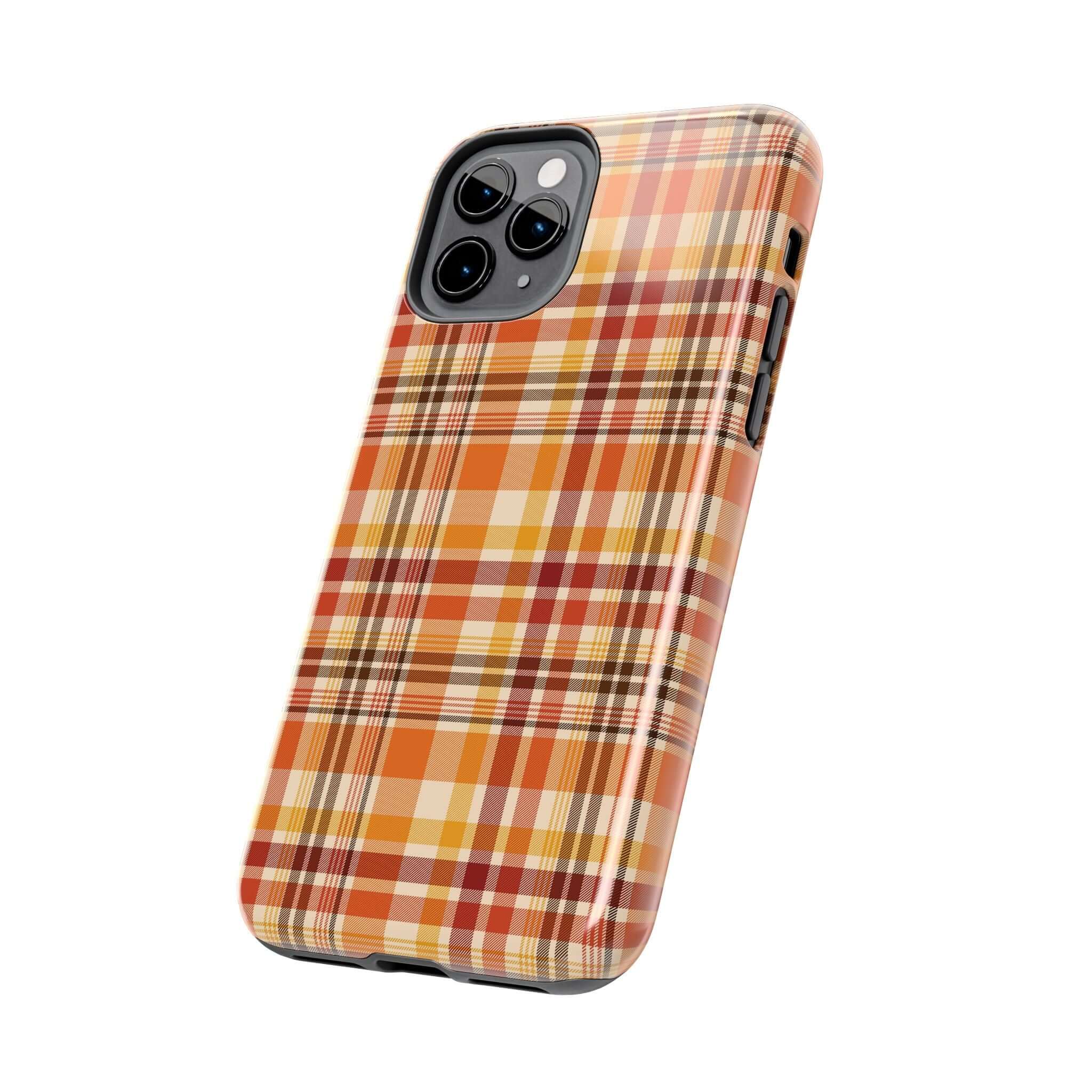 Autumn Air fall plaid phone case with orange and yellow design, perfect Halloween iPhone case, cute fall iPhone accessory.