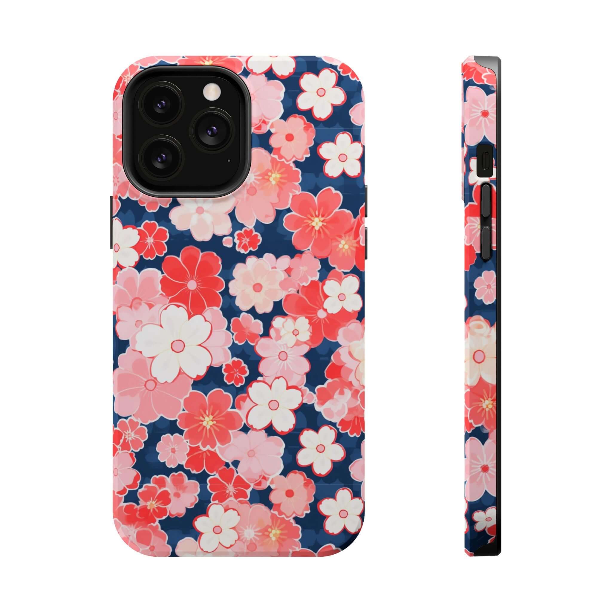 Pink floral phone case for iPhone 14 Pro Max, featuring a vibrant floral design, offering protection and style with free shipping.