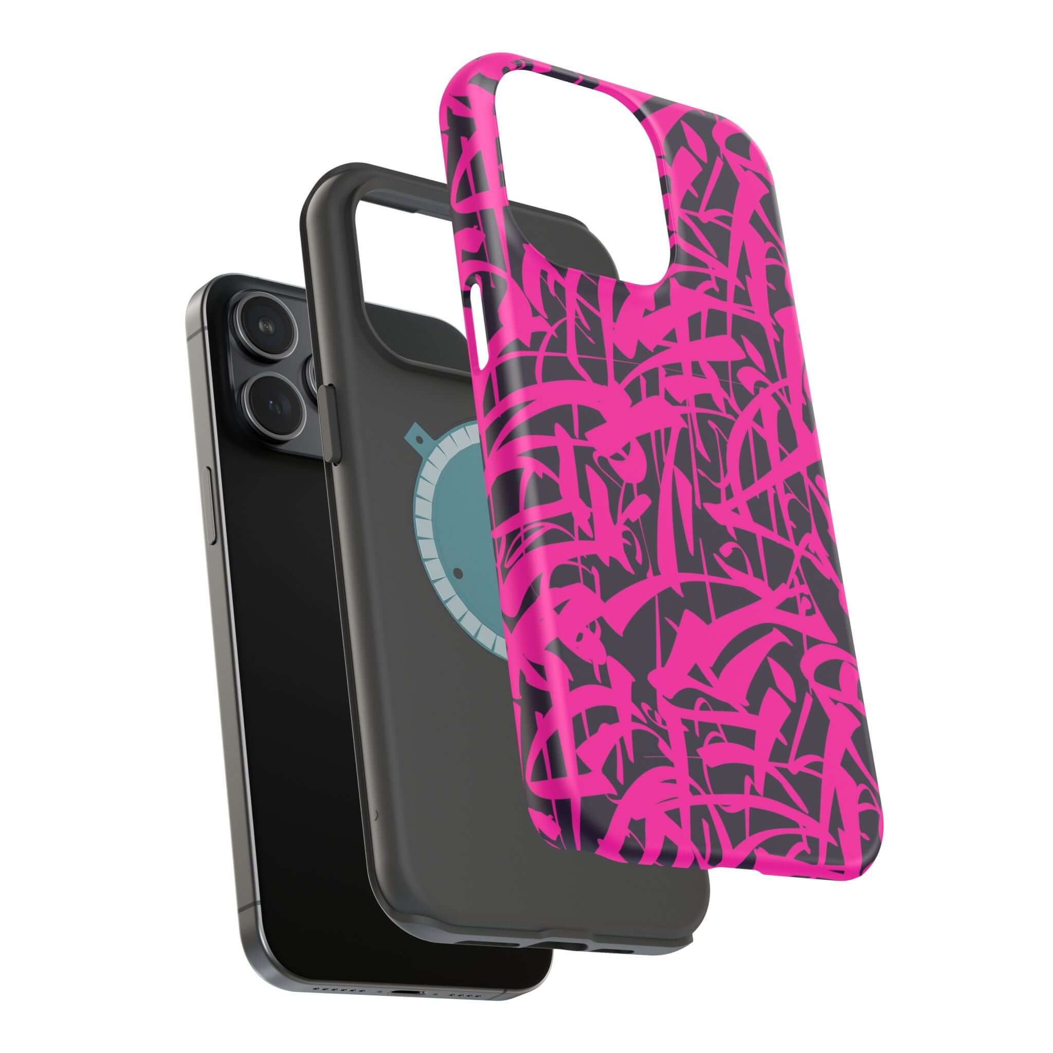 Colorful Midnight Pop Pink Art Case and sleek black phone case, perfect for stylish iPhone protection.