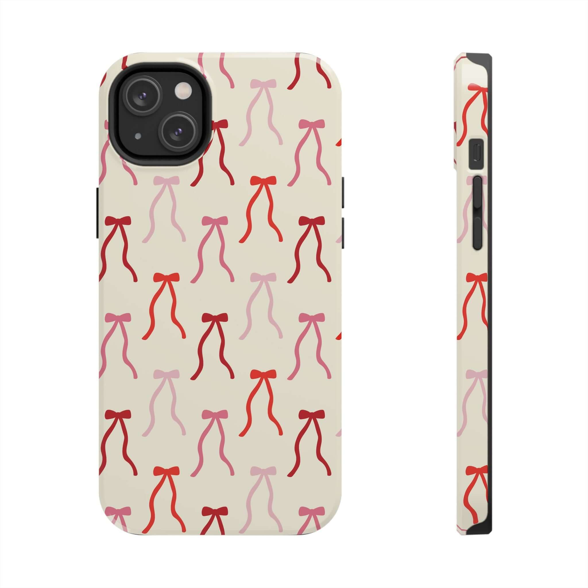 Cute Beige Coquette Phone Case for iPhone 16 with Red Bow Design