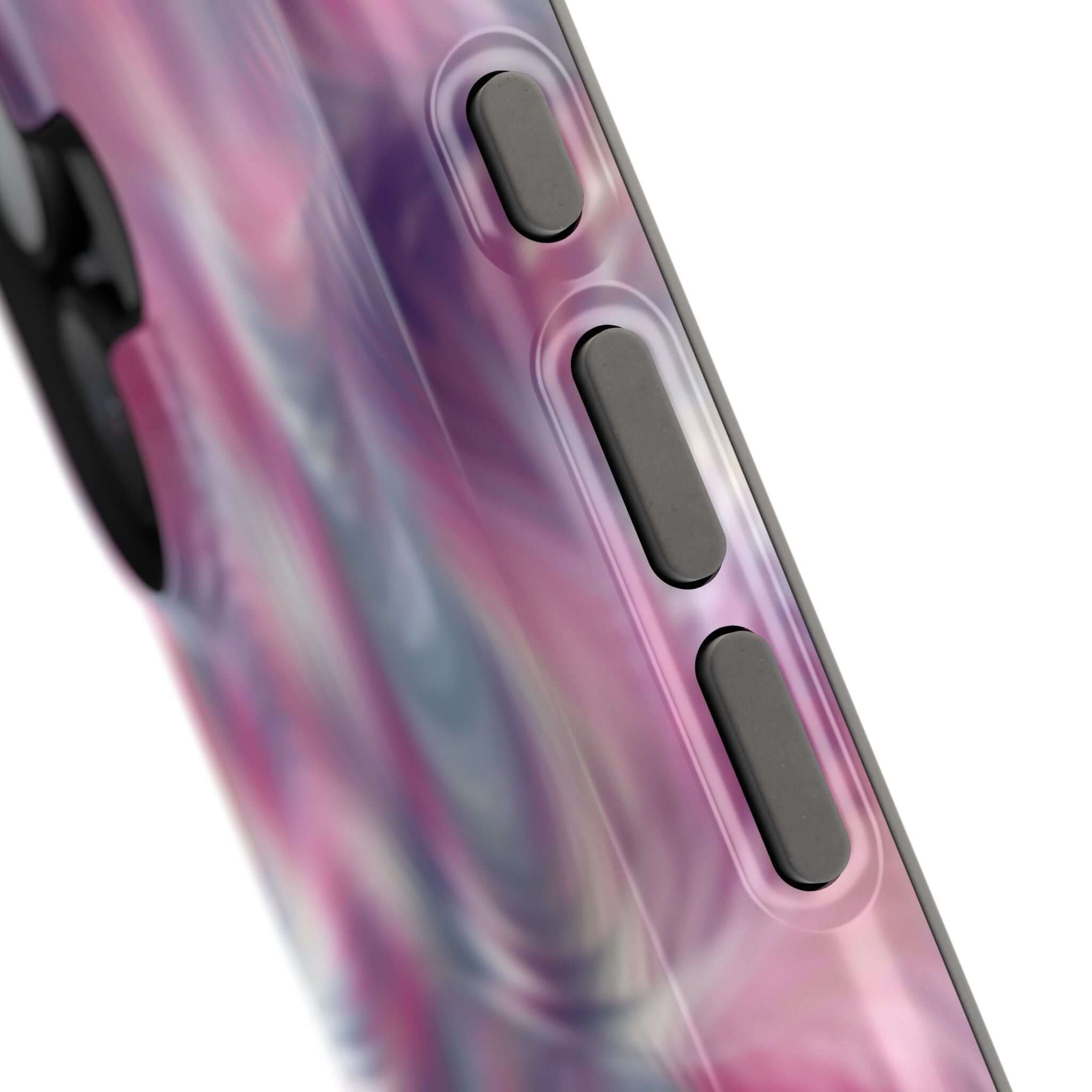 Close-up of a purple abstract MagSafe iPhone case with tie dye swirl design, showcasing cute phone cover details.