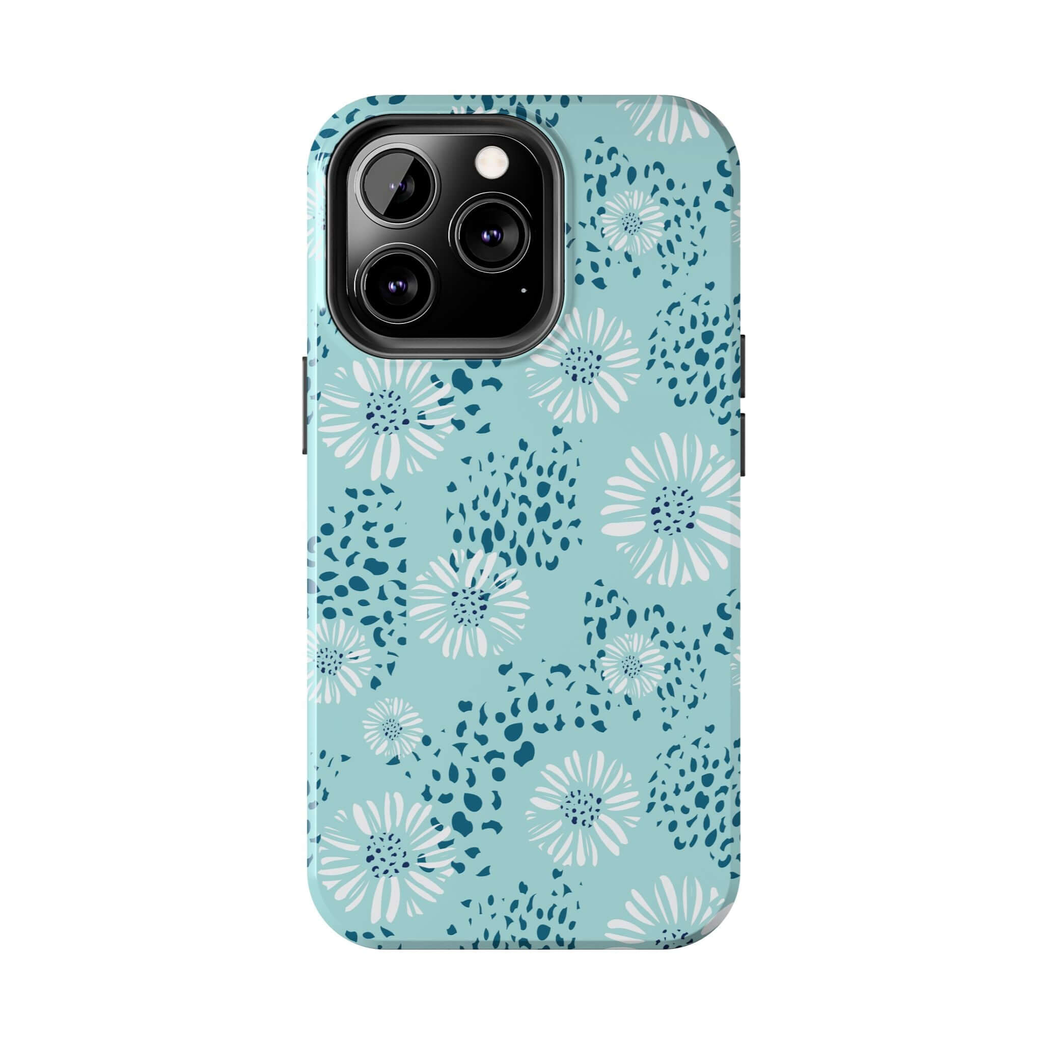 Coastal Aesthetics Floral Beach iPhone case with teal and white floral design, perfect for summer style. Cute phone case for iPhone 14 Pro Max.