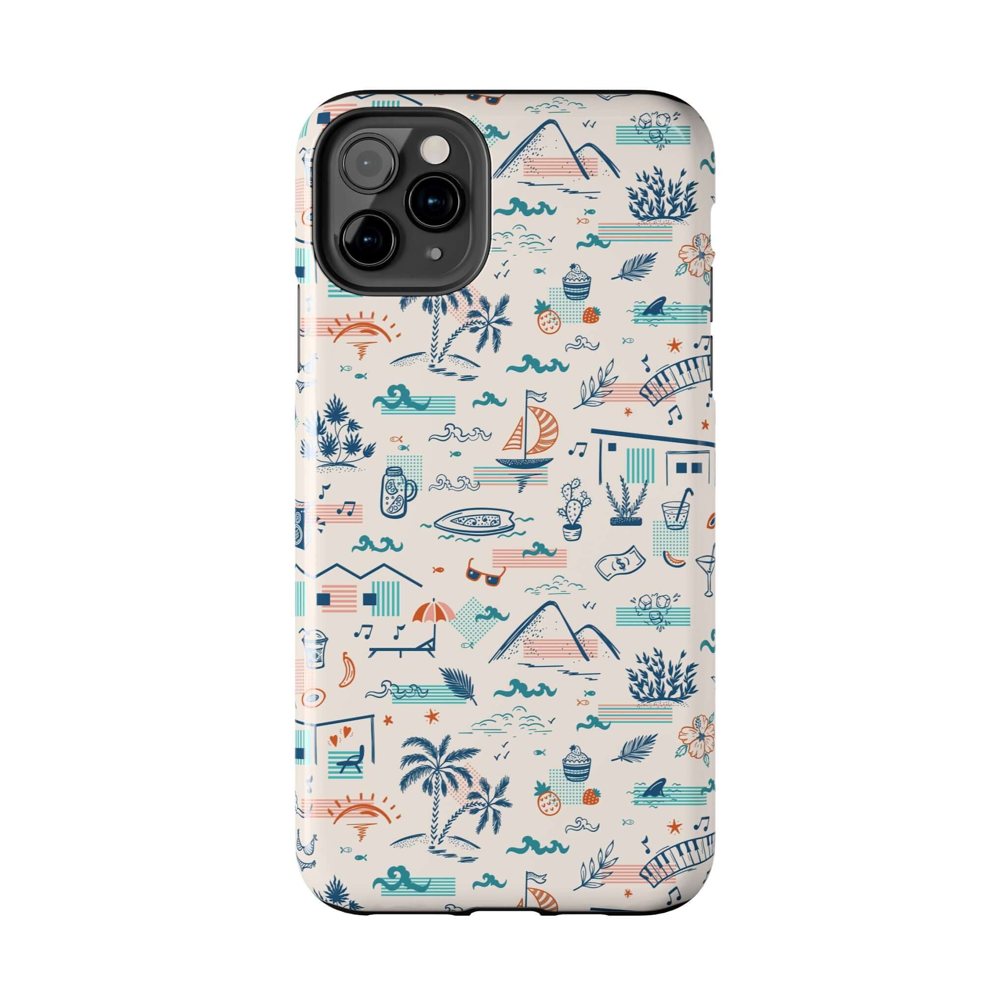 Colorful iPhone case with fun summer vacation design showing palm trees, beaches, and waves for iPhone 14 Pro Max and Samsung S23.