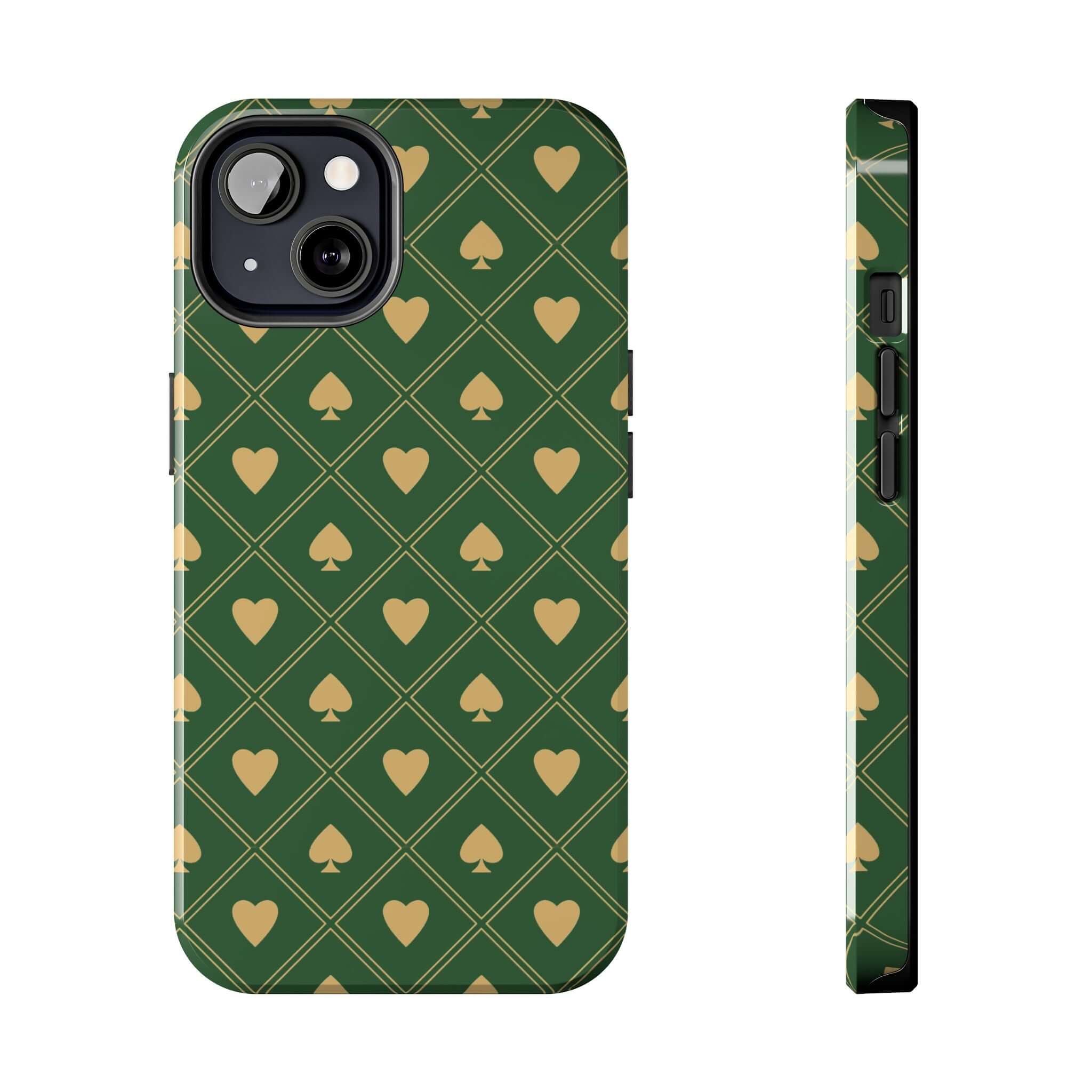 Green phone case with royal flush spade and heart pattern, perfect cute iPhone case or Samsung phone cover with flowers