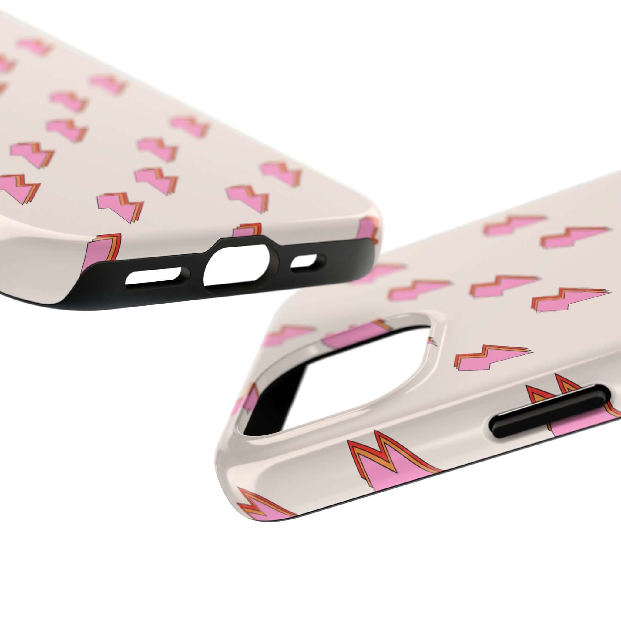 Cute retro-style iPhone case with pink lightning bolts, perfect for iPhone 14 and iPhone 15. Stylish protection with free shipping.