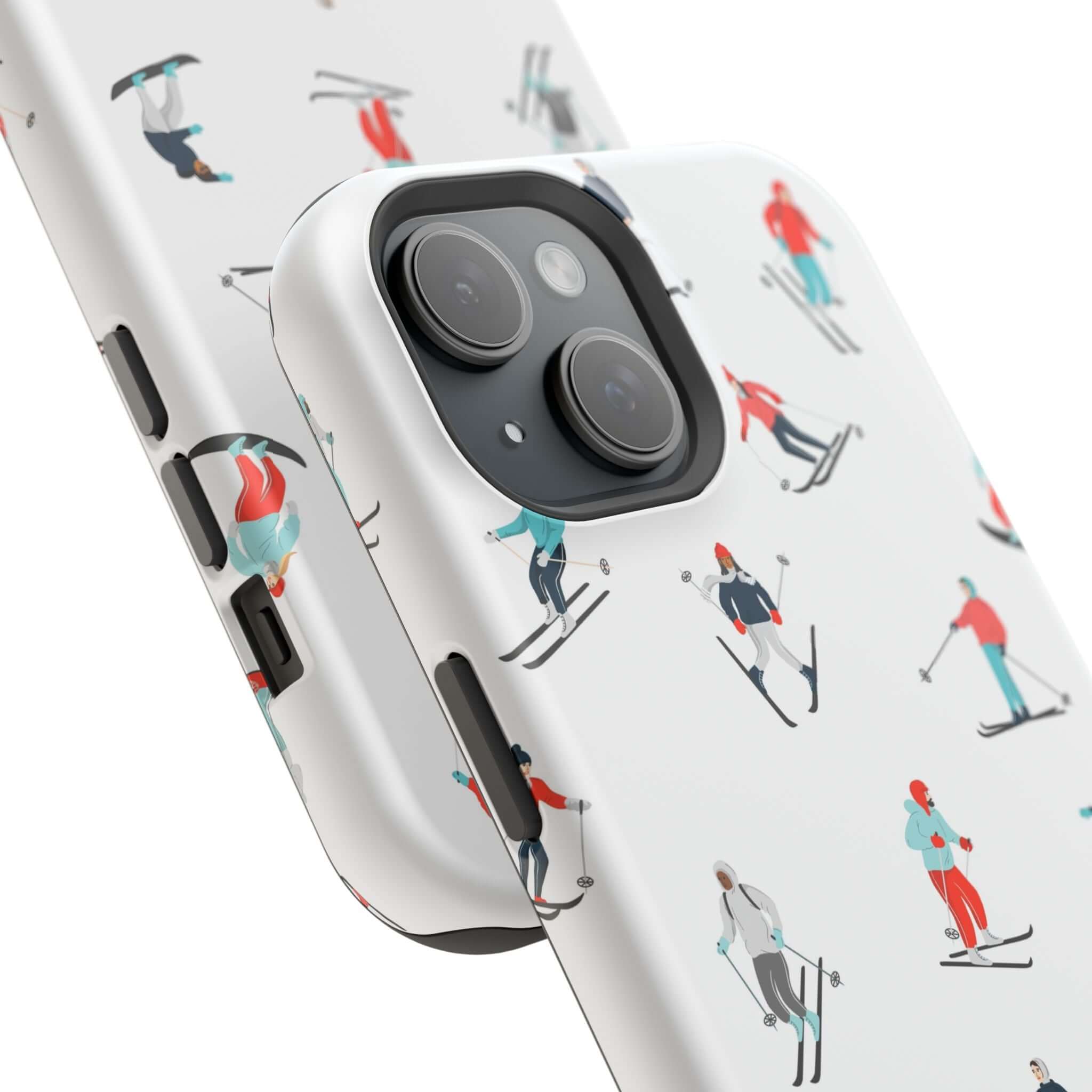 Cute phone case for iPhone featuring skiers on a snowy slope, perfect for winter sports lovers.