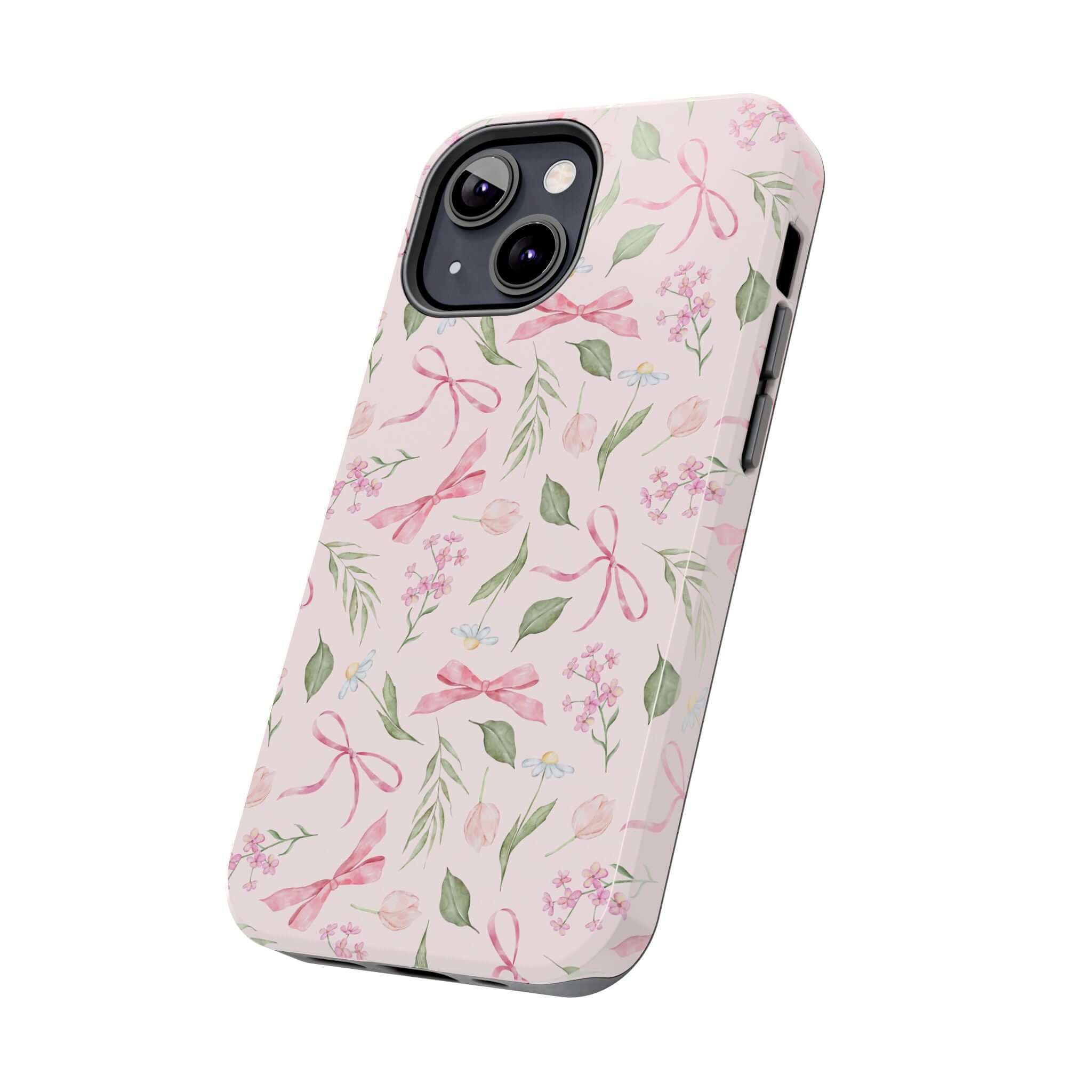 Cute pink iPhone case with girly bows and floral design for iPhone 14 and iPhone 15. Fun and stylish phone case from Girlie Twirls.