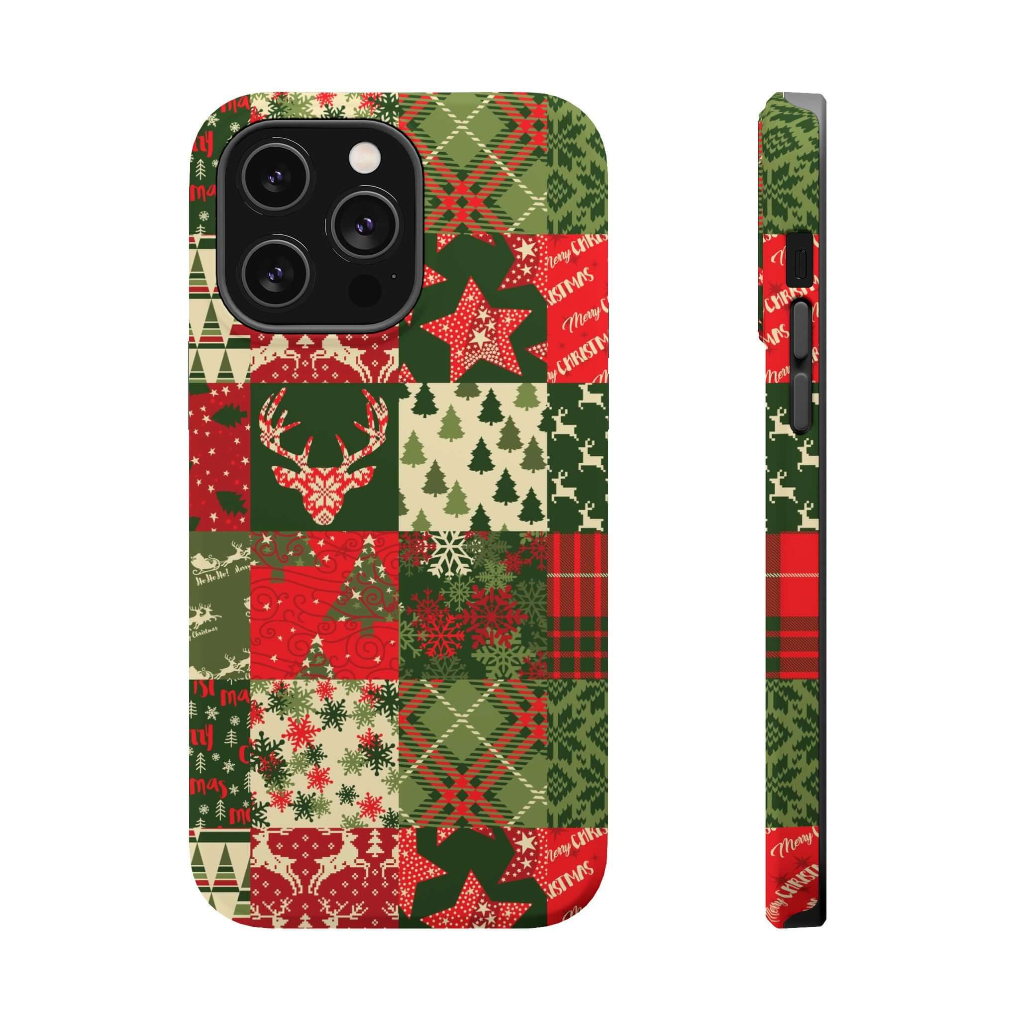 Cozy Quiltmas MagSafe case with festive Christmas patchwork design, perfect holiday phone cover for a cute and secure fit.