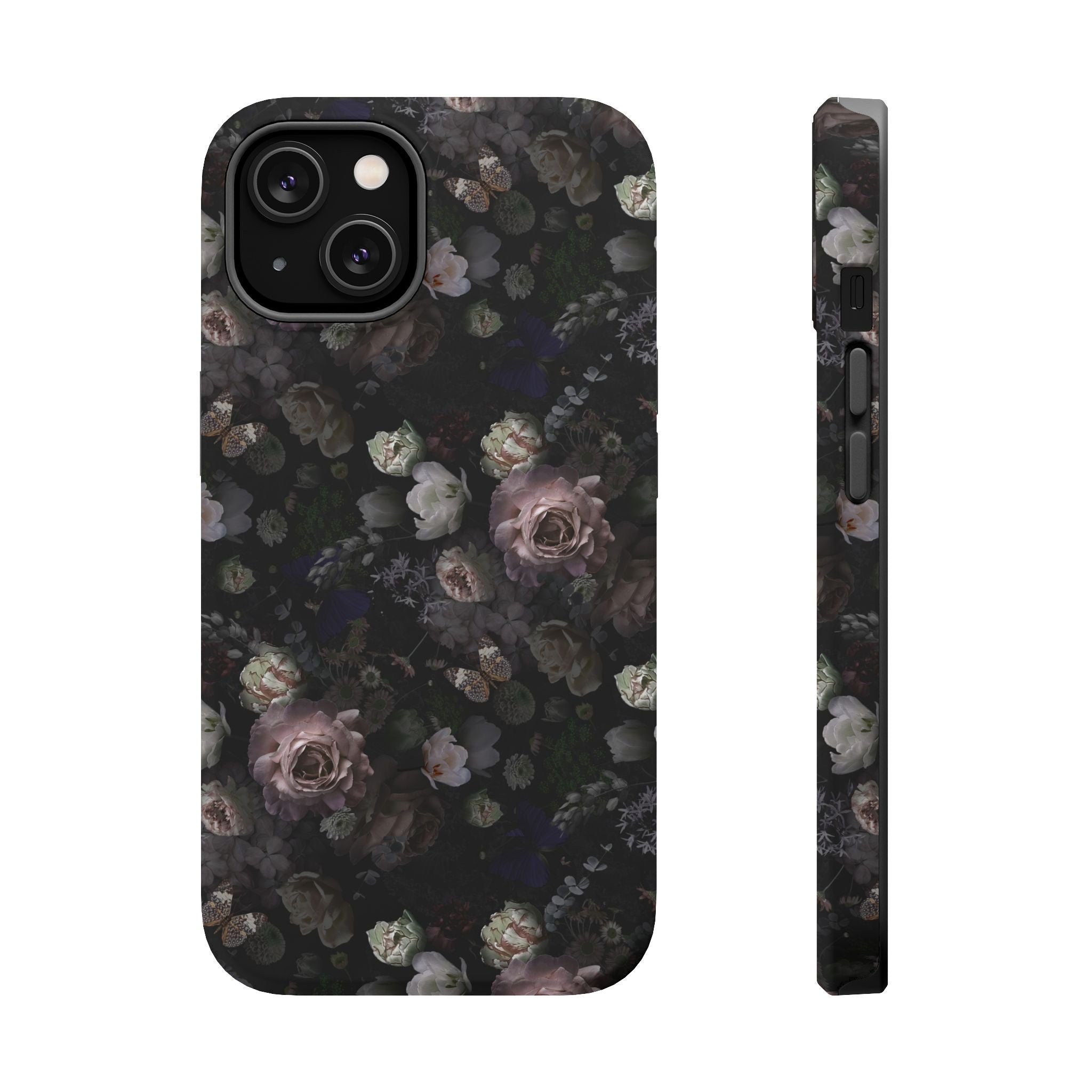 Midnight Curse Black Floral MagSafe iPhone Case, Cute Phone Cover with black roses, stylish protection for your iPhone.