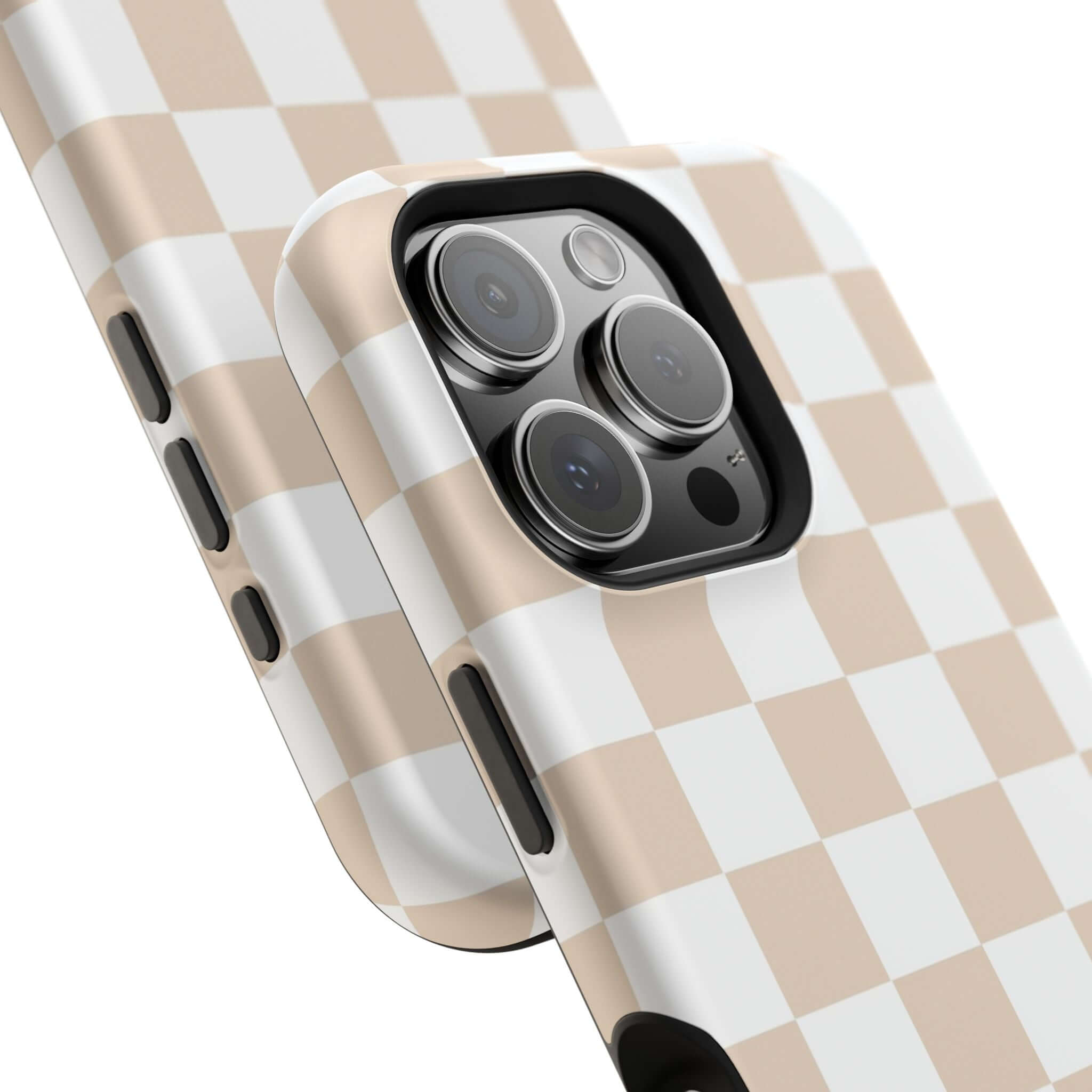 Cute MagSafe iPhone 16 case in cream checkered print, offering stylish and protective design.