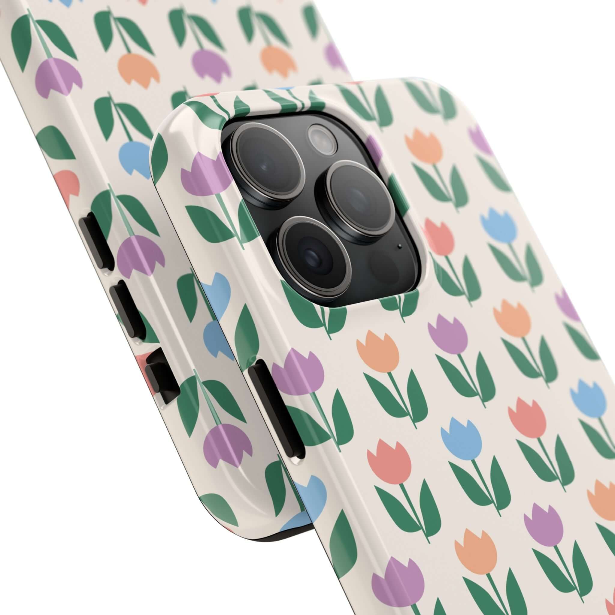 Floral Stroll Through Amsterdam iPhone 14 Pro Max Tulip Case featuring colorful flowers and playful tulip design.