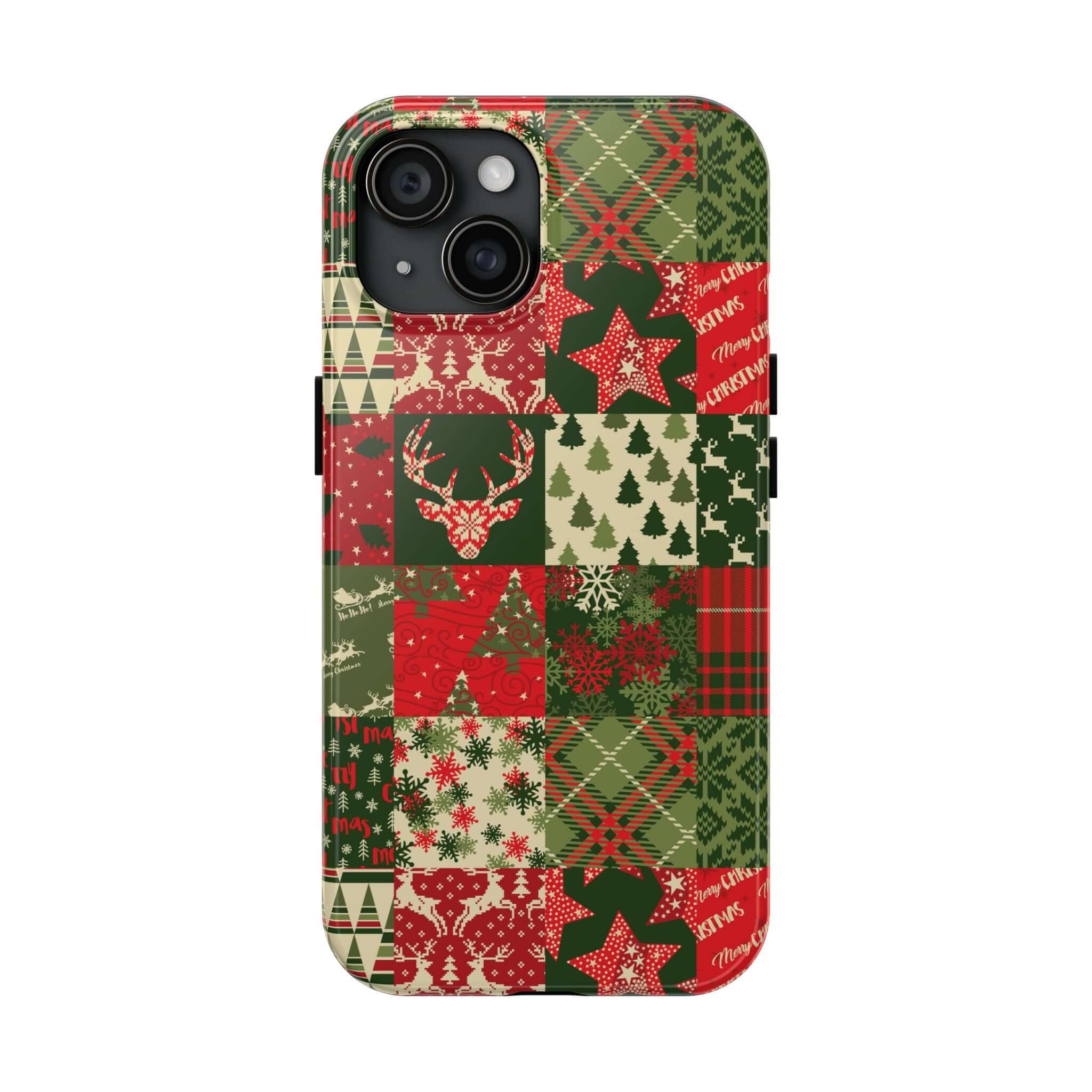 Cute iPhone case with green holiday quilt design featuring Christmas trees and reindeer, perfect for festive season style.