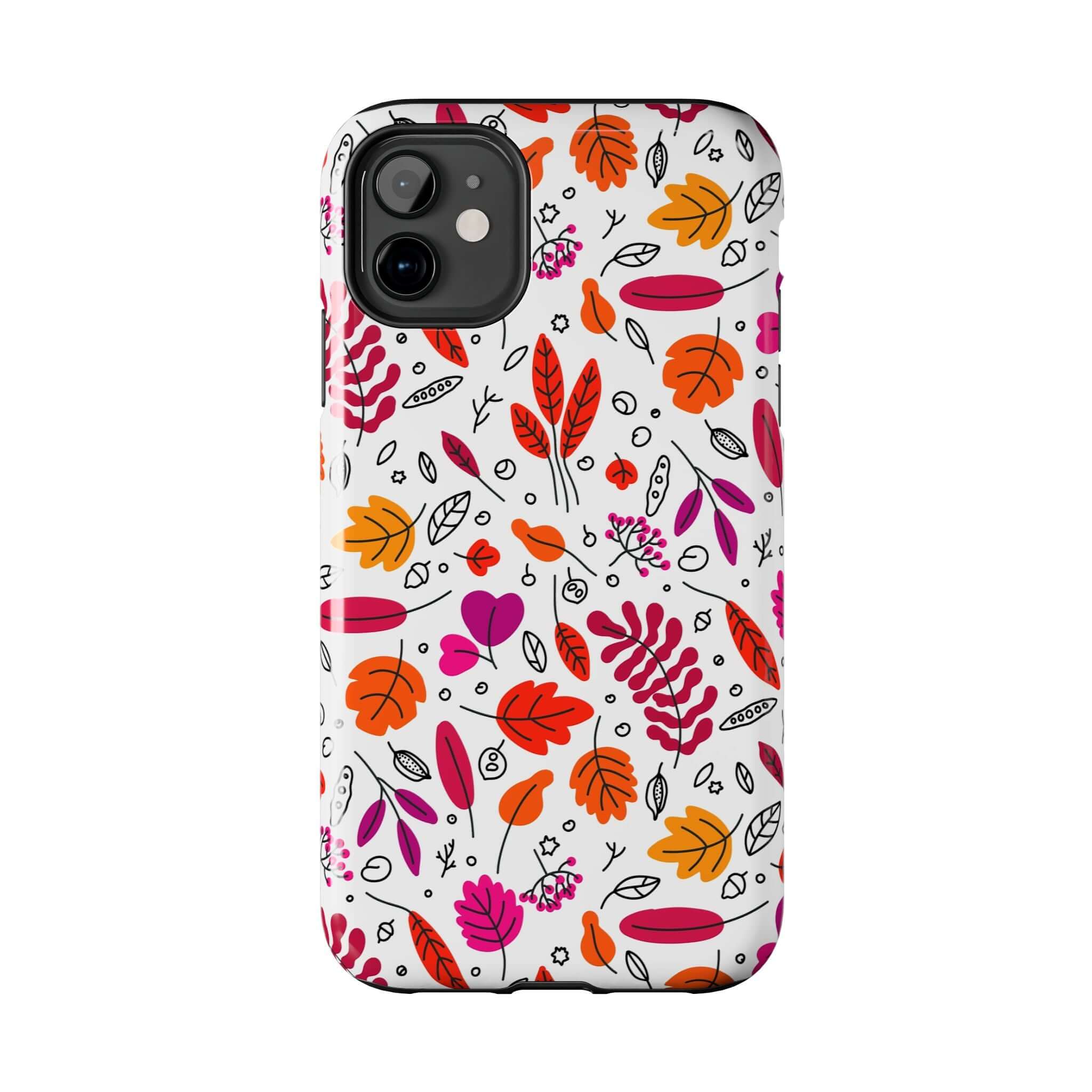 Halloween phone case with colorful fall leaves design, perfect cute iPhone case for autumn and fall season.