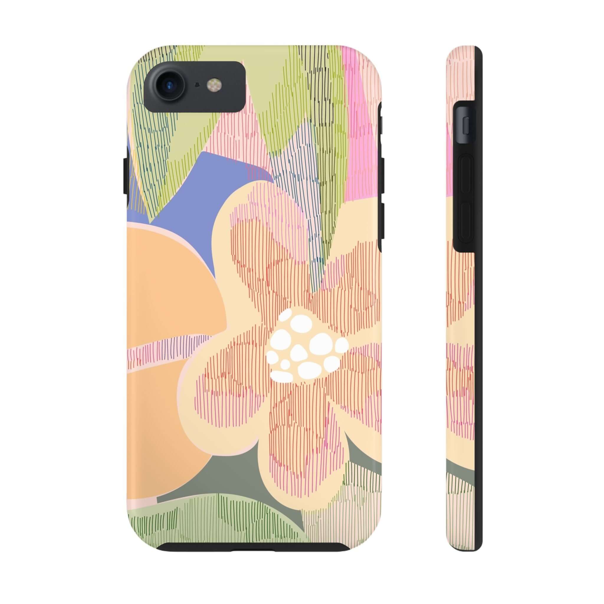 Colorful iPhone case with abstract floral design and palm trees, offering cute protection for phones like iPhone 14 Pro Max and Samsung S23