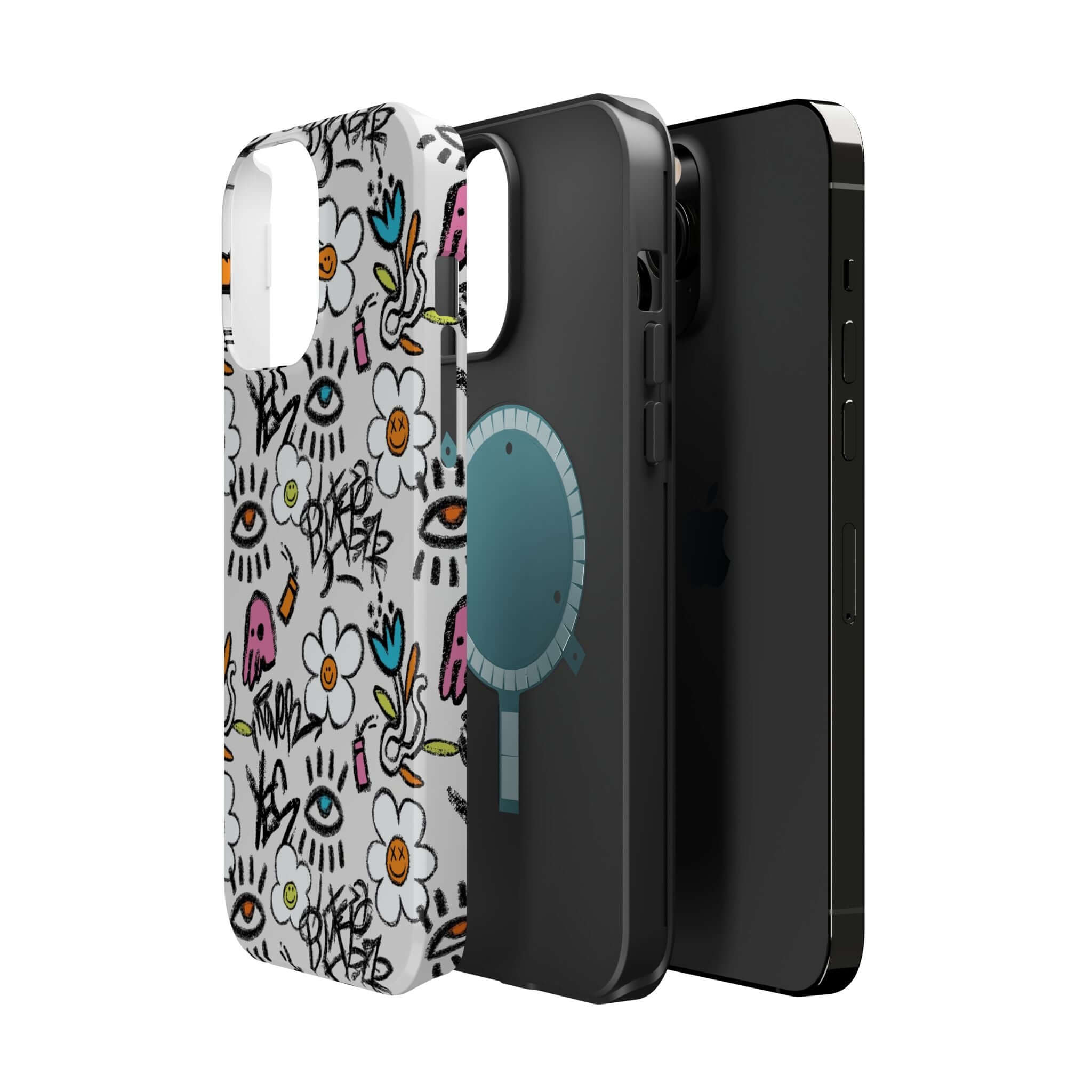 Colorful Happy Chaos Floral Graffiti Phone Cases for iPhone showcasing vibrant designs and MagSafe compatibility.