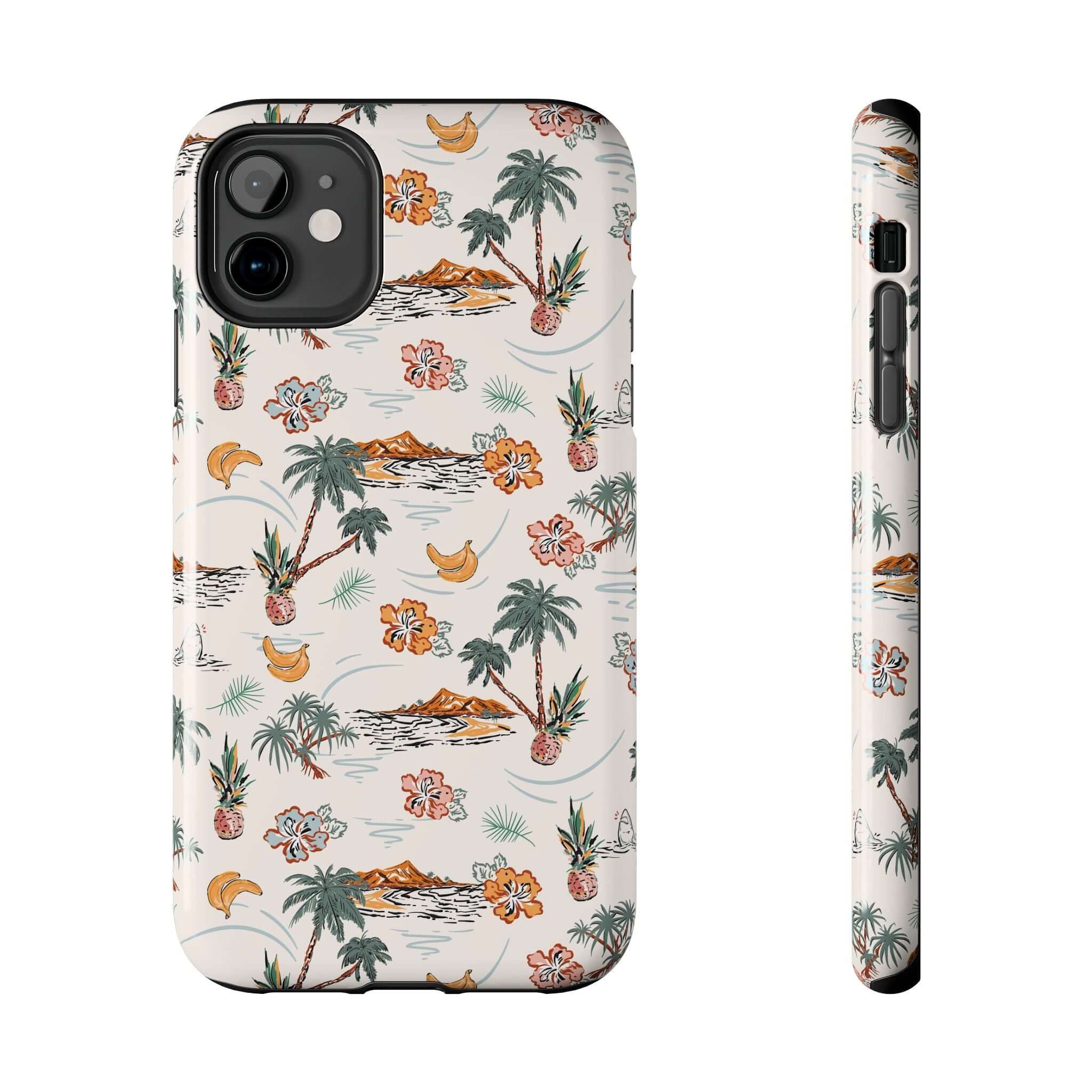 Cute iPhone 14 case with tropical design, palm trees, and flowers, perfect for beach getaways, free shipping.