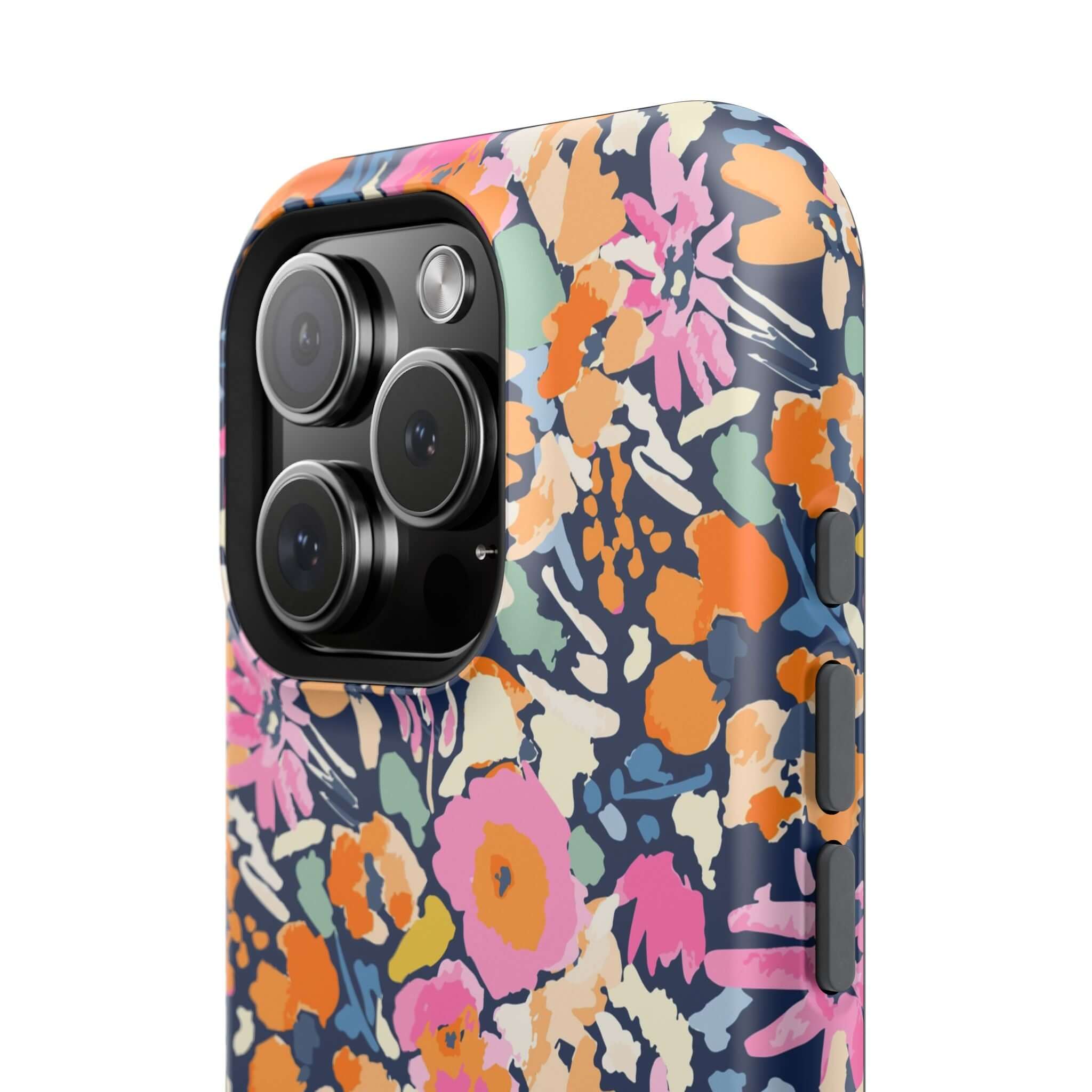 Botanic Burst colorful floral MagSafe case for iPhone 16, cute and protective phone case with vibrant flowers, side view of phone camera