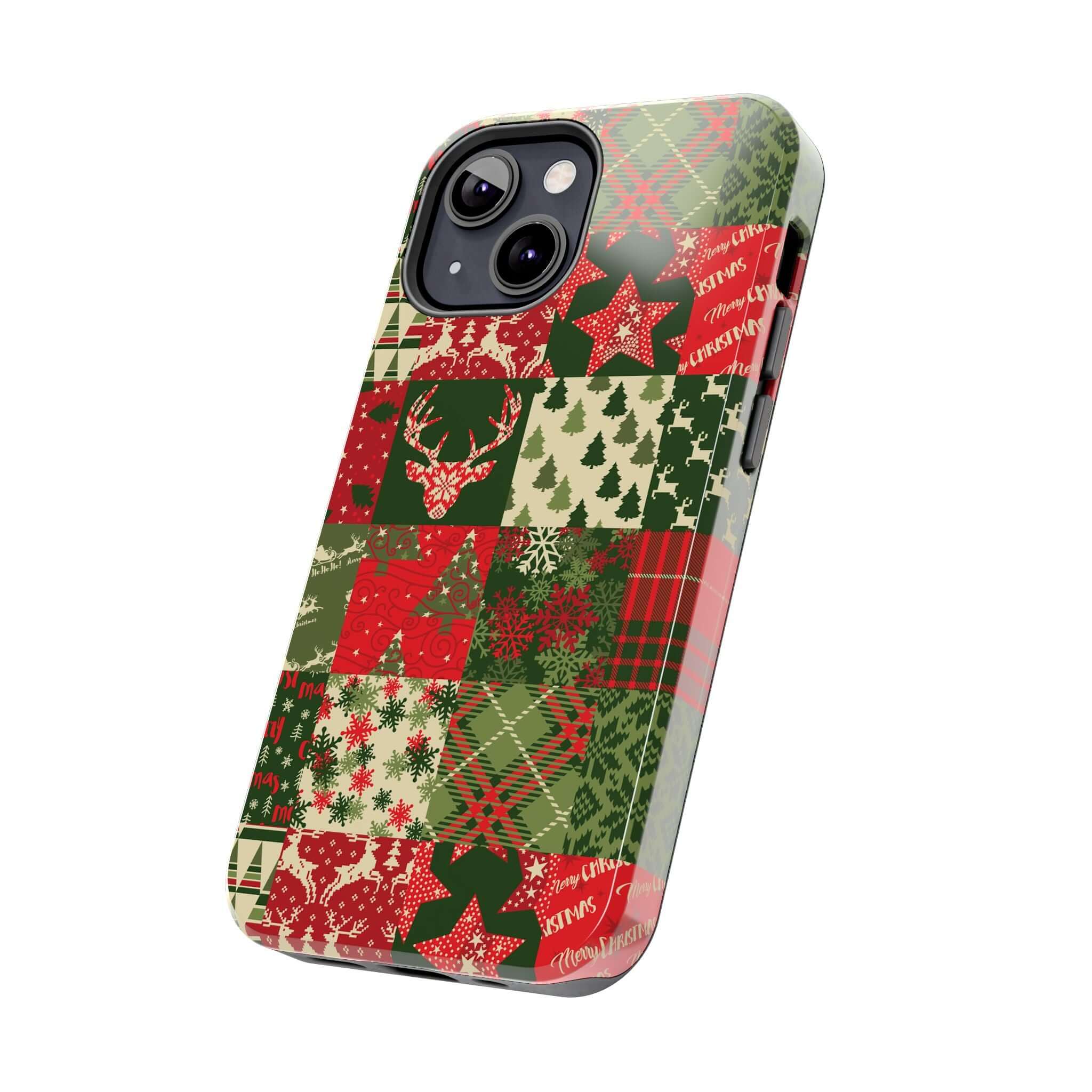 Green holiday themed iPhone case with Christmas trees and reindeer, perfect as a cute custom phone case design.