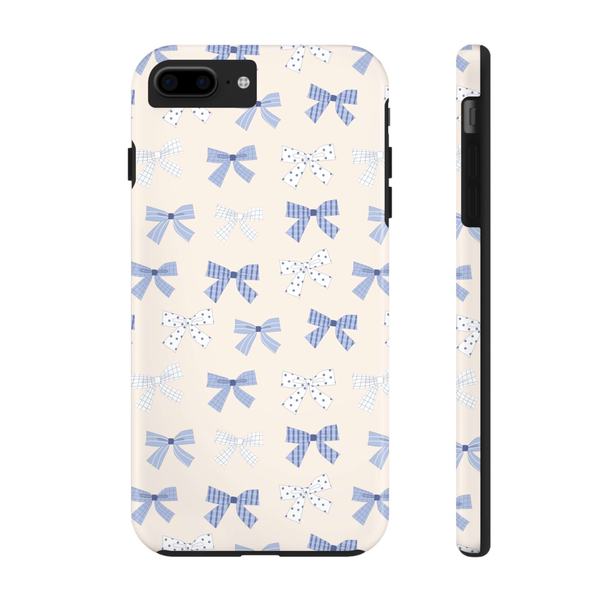 Cute phone case for iPhone 16 with blue bows design, perfect for brides-to-be seeking a playful and fun accessory.