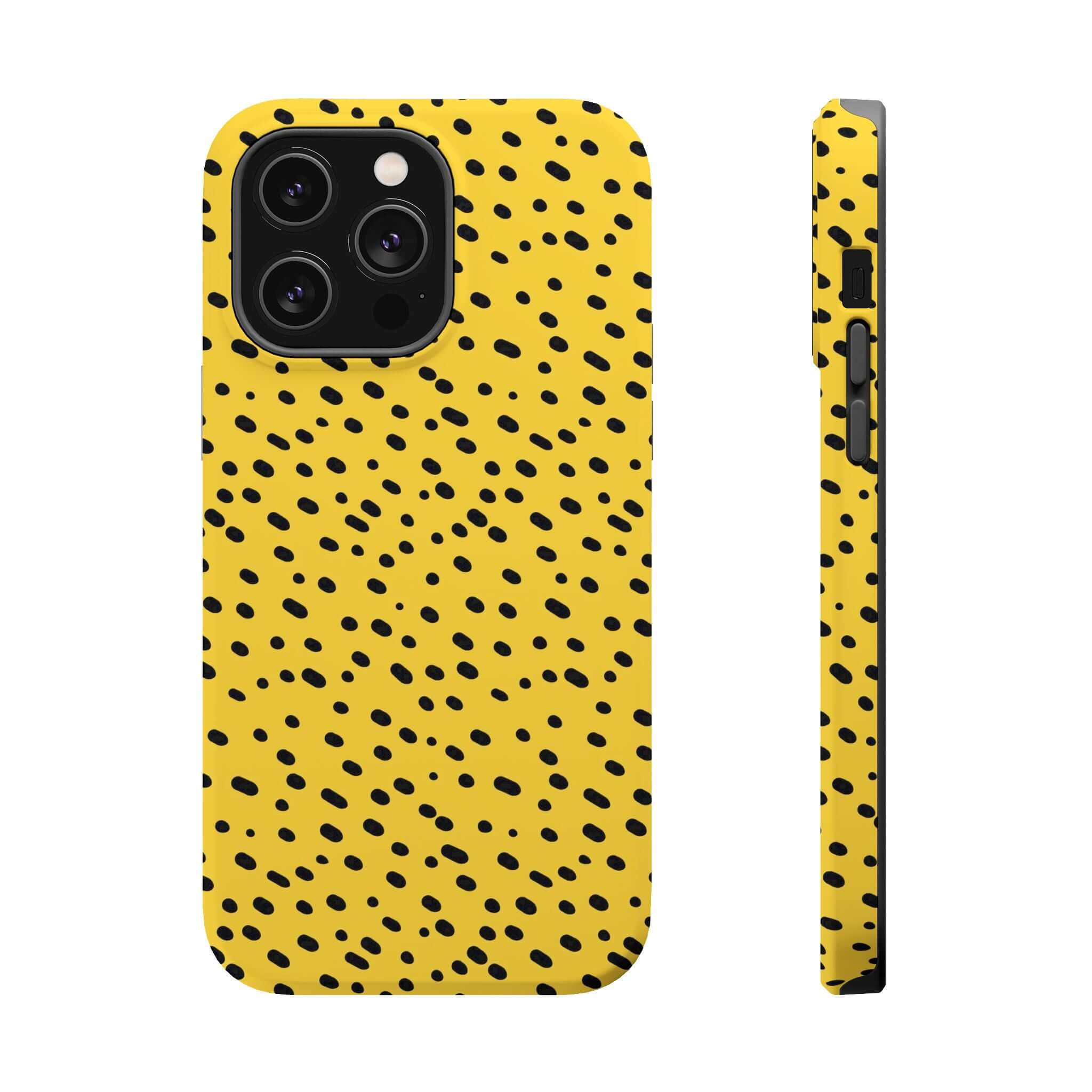 Yellow cheetah spot iPhone case with bold design, a cute and colorful MagSafe case for standout protection.