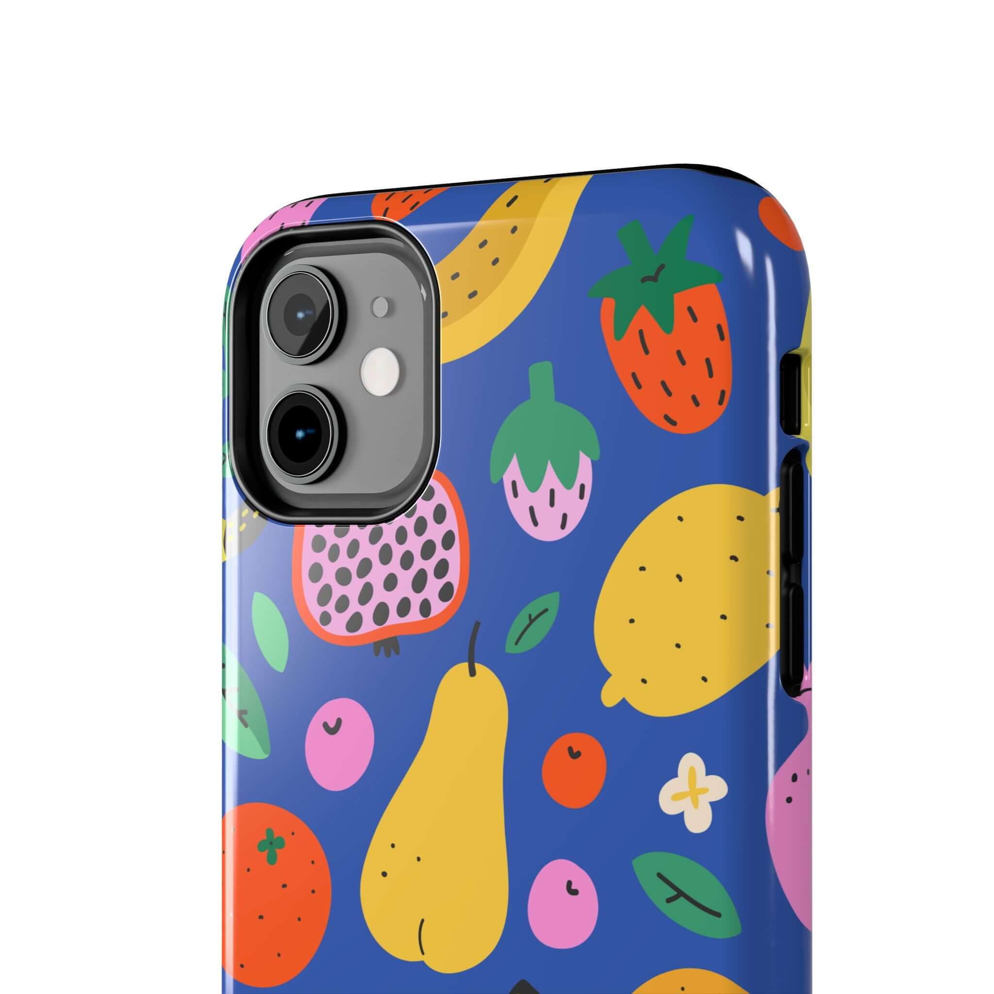 Cute phone cover featuring a colorful tropical fruit design, perfect for summer and protecting your Apple iPhone.