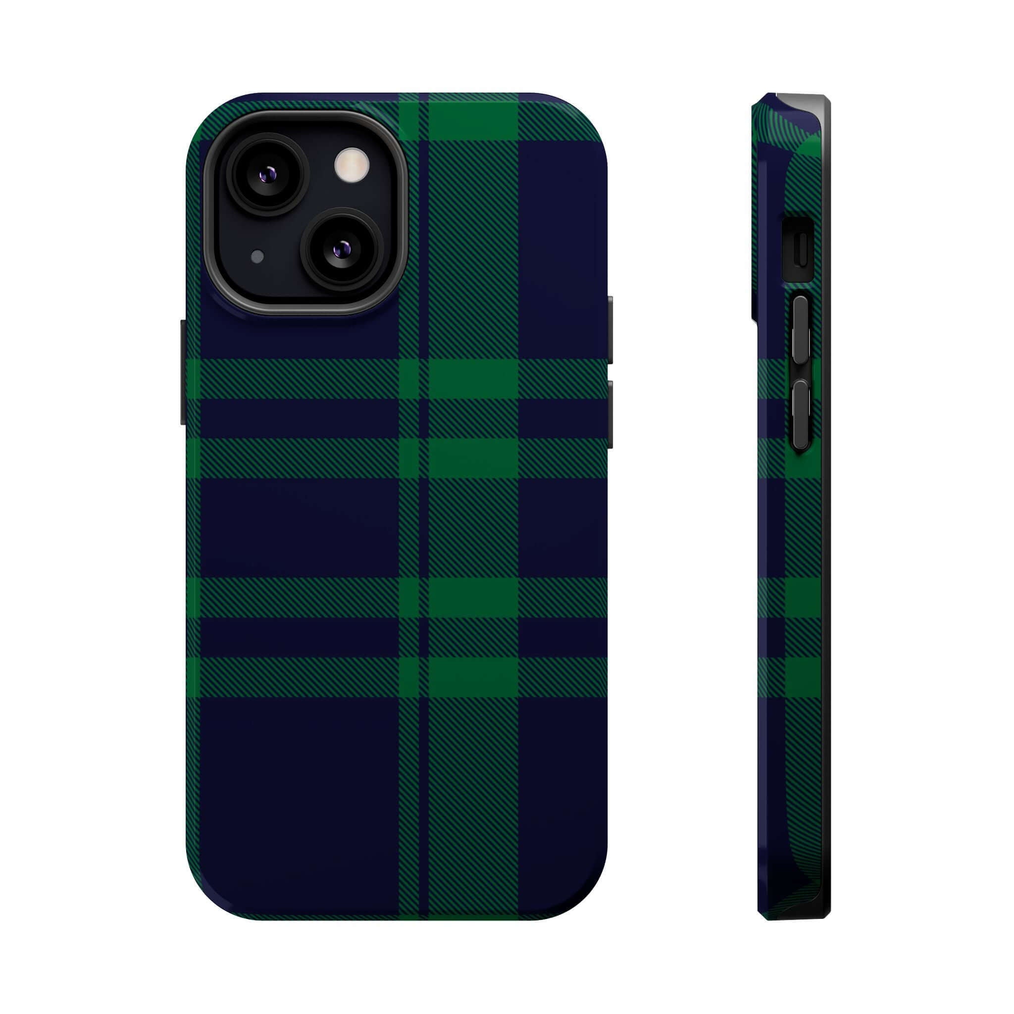 Mistletoe Plaid MagSafe Case featuring a festive green and navy plaid design, perfect cute phone cover for the holidays.