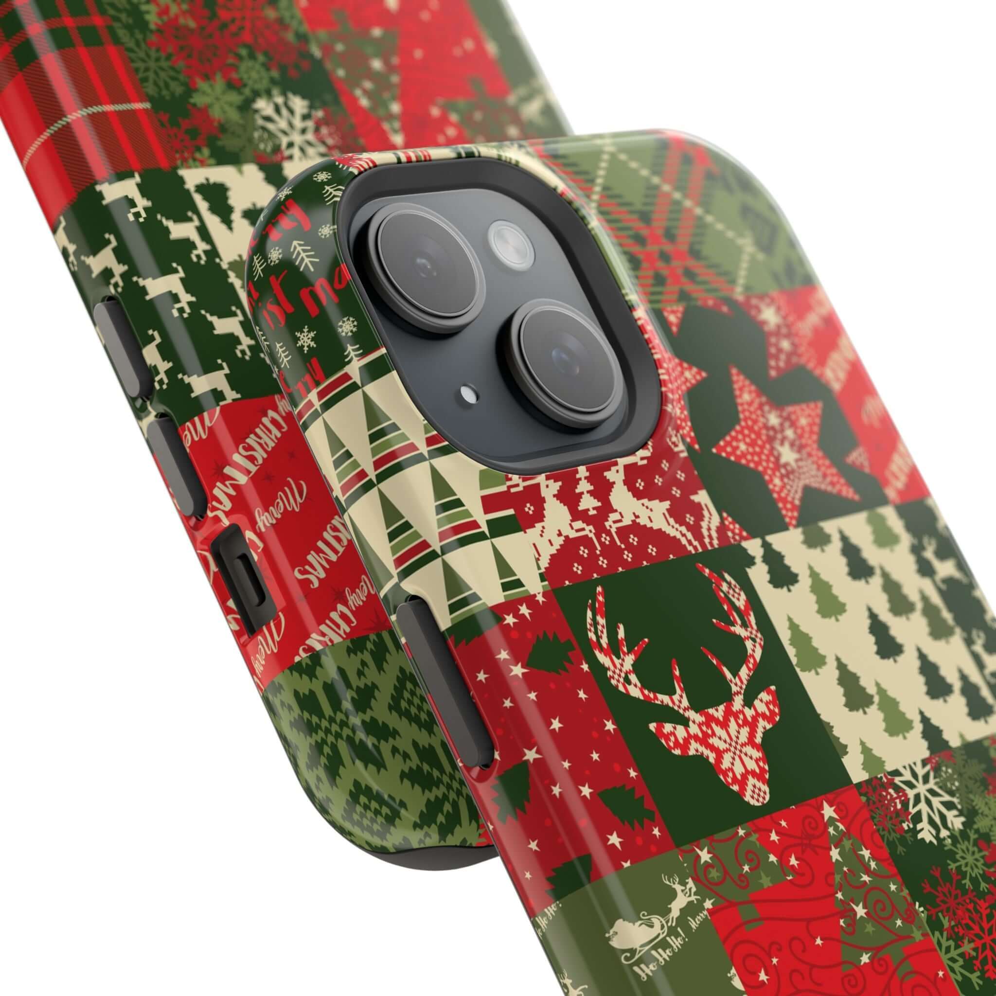 Festive Cozy Quiltmas MagSafe phone case with holiday-themed patchwork design, featuring Christmas motifs and secure MagSafe compatibility.