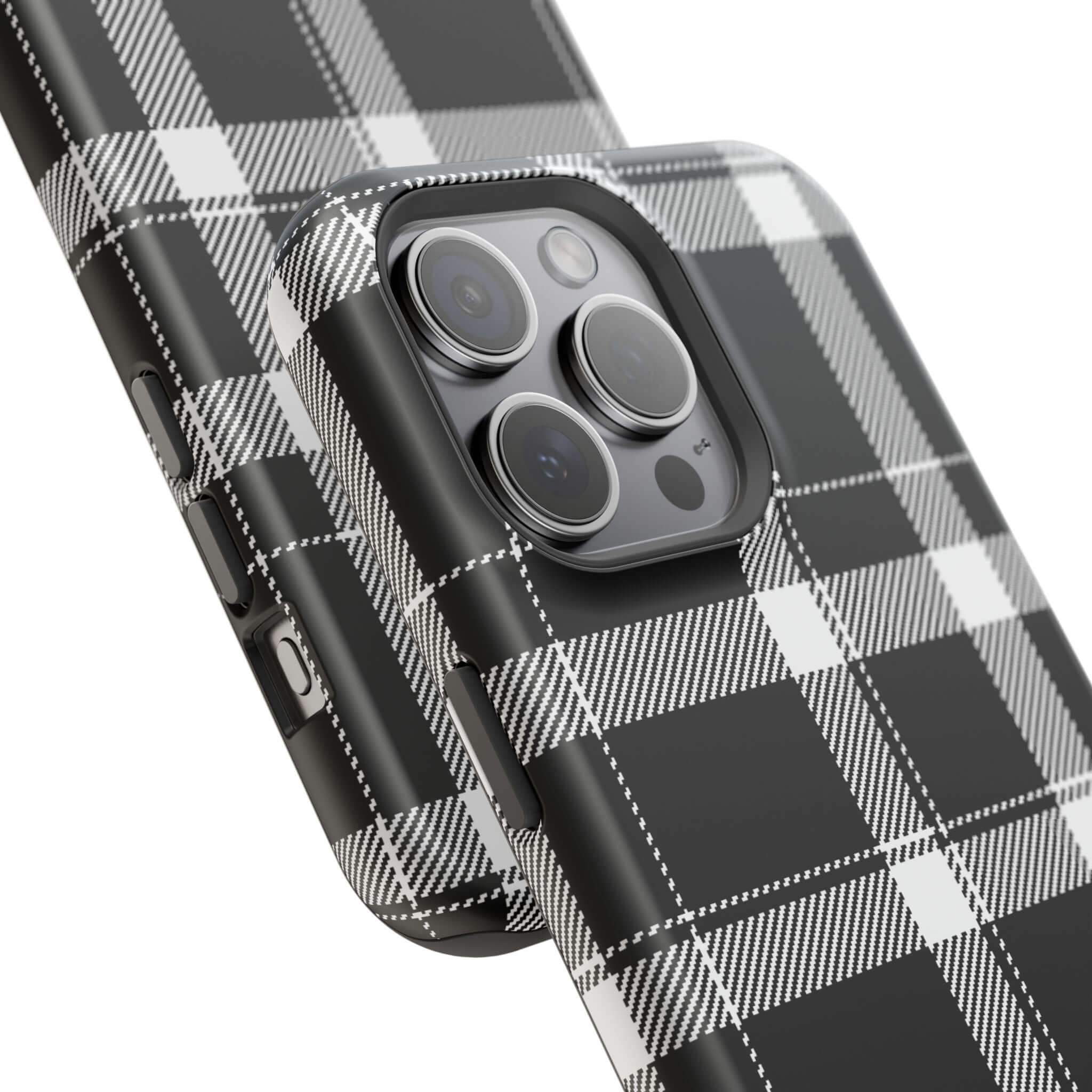 Black plaid phone case showcasing stylish design and protection for Apple iPhone. Perfect cute phone cover for fashion-forward individuals.