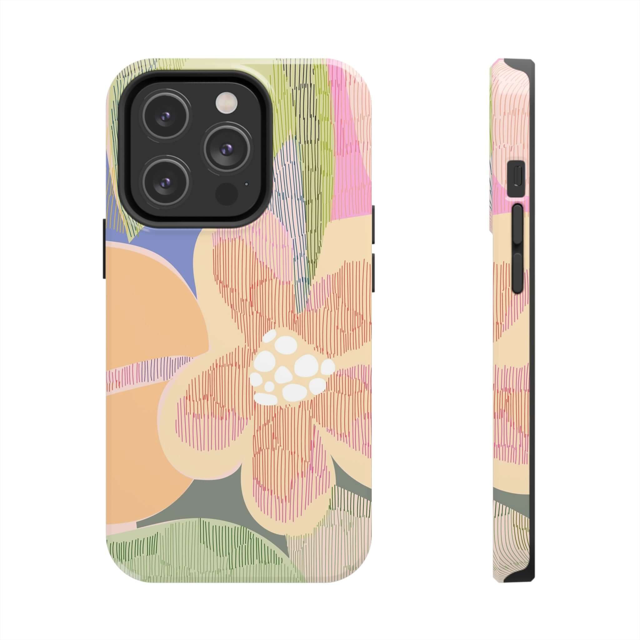 Colorful abstract floral iPhone 14 Pro Max case with palm trees, offering cute and protective design for stylish phone protection.