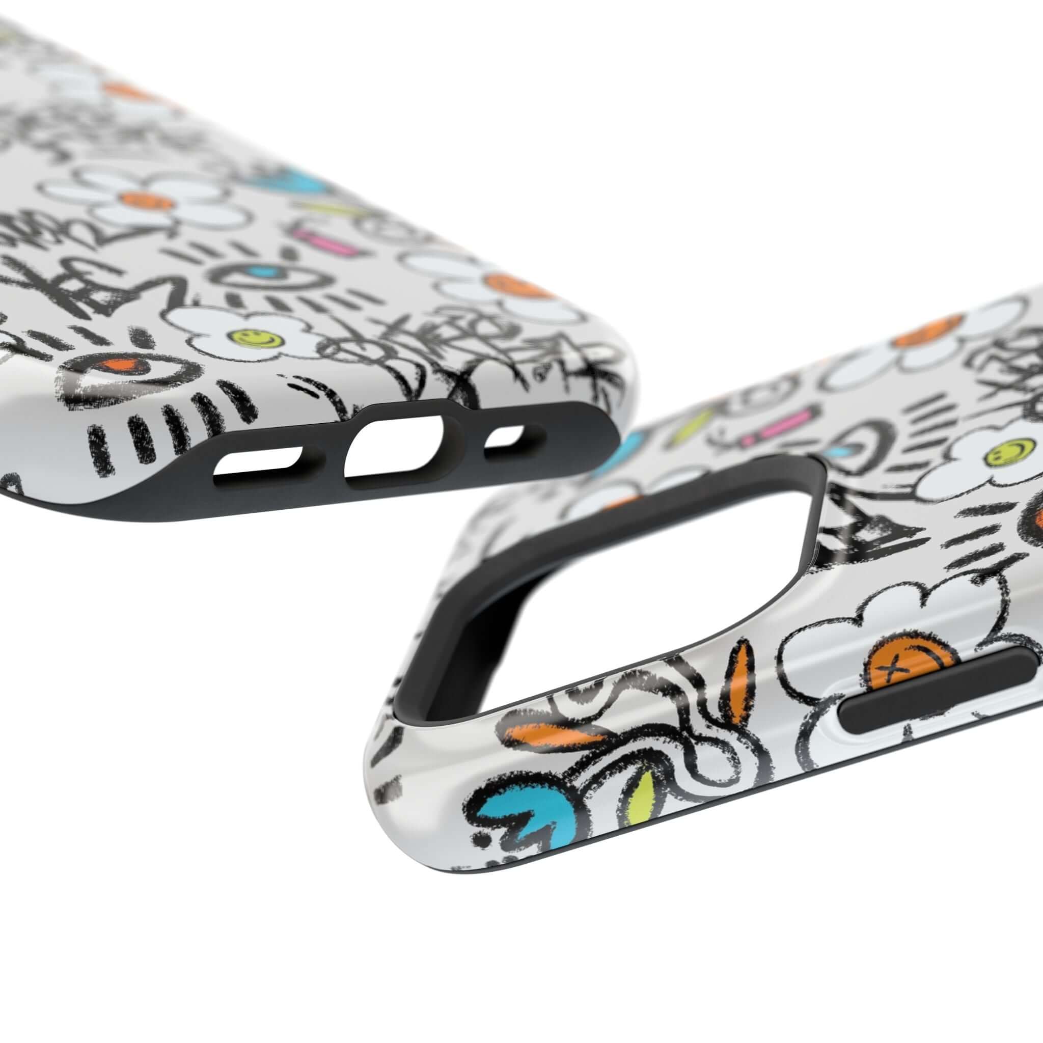 Close-up of the Happy Chaos Floral Graffiti Phone Case showcasing vibrant floral designs and MagSafe compatibility.