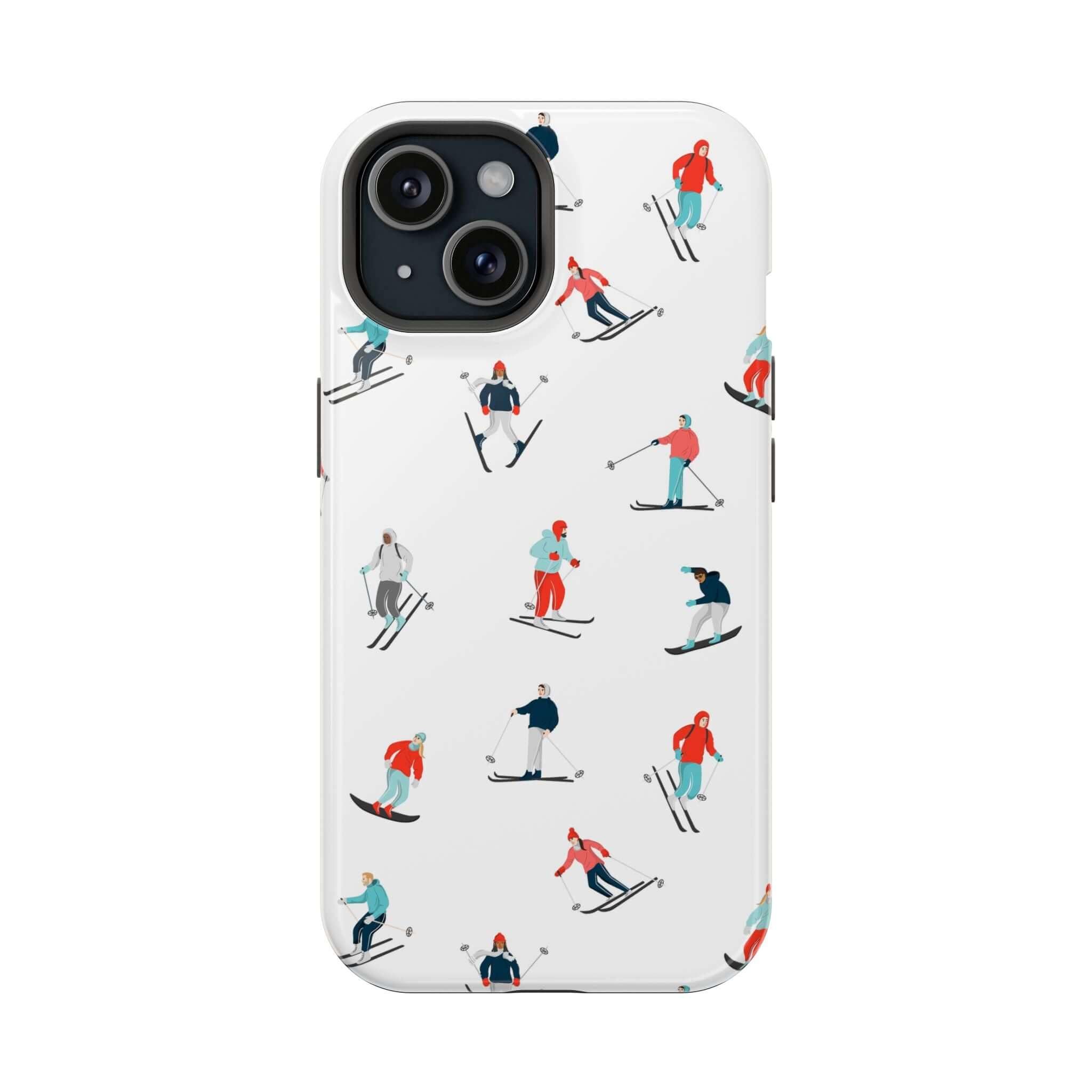 Cute phone cover featuring skiers in colorful outfits, perfect for winter sports lovers and iPhone protection.