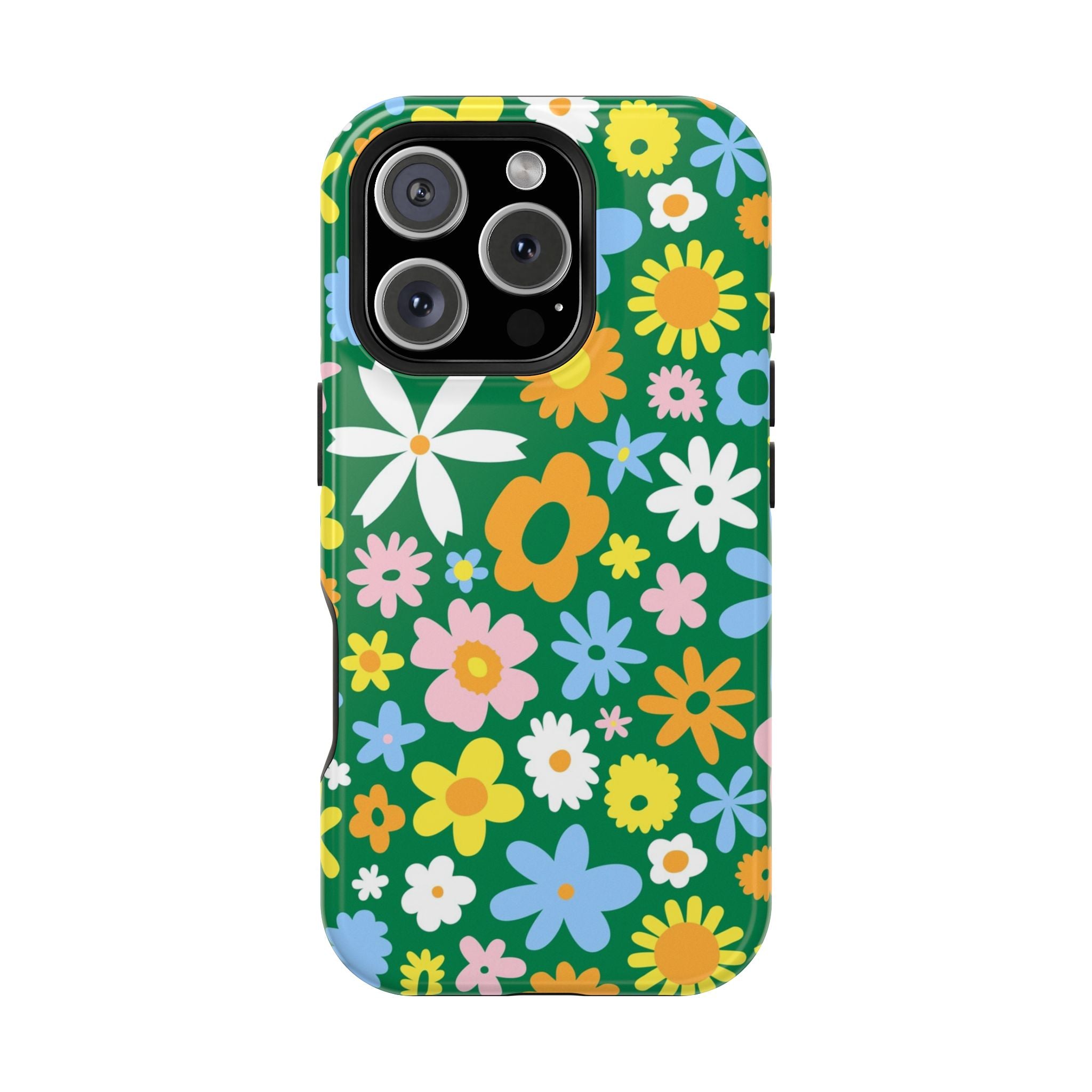 Chasing Blooms green MagSafe iPhone case with vibrant hippie floral design, cute phone cover with colorful flowers.