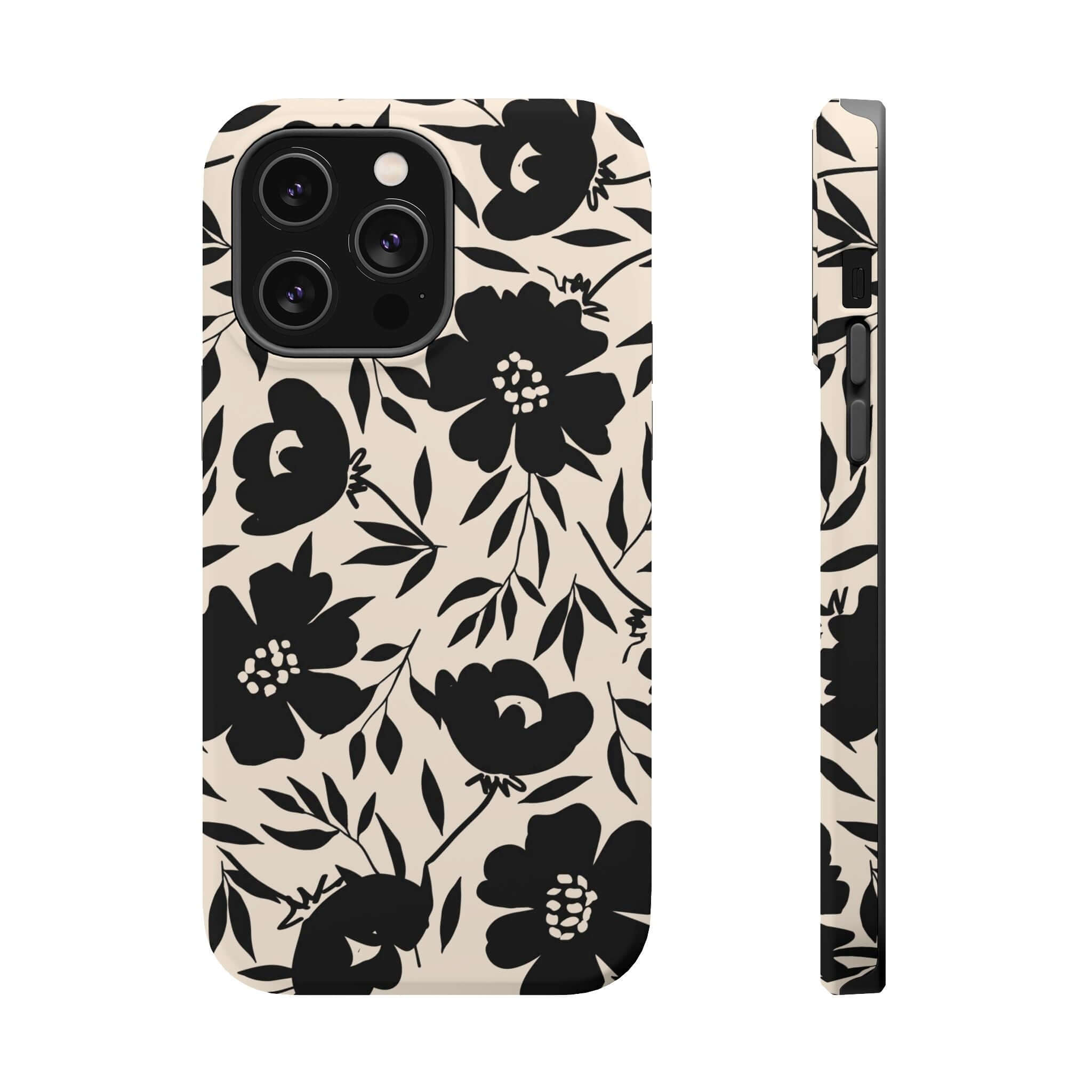 Cute black floral phone case for iPhone 16, Eclipse Garden design adds fantasy and bold style.