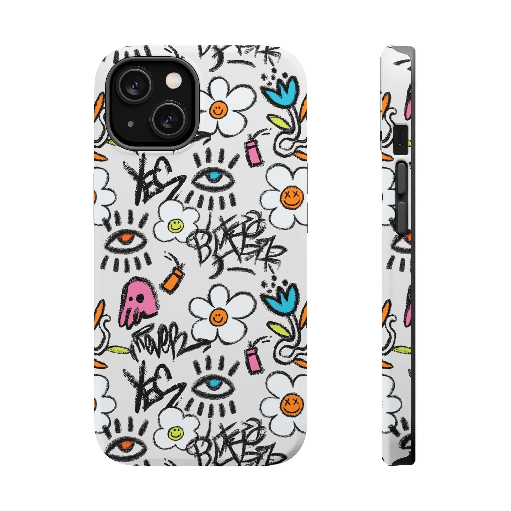 Cute floral graffiti phone case for iPhone, featuring vibrant colors and bold patterns for a stylish look.