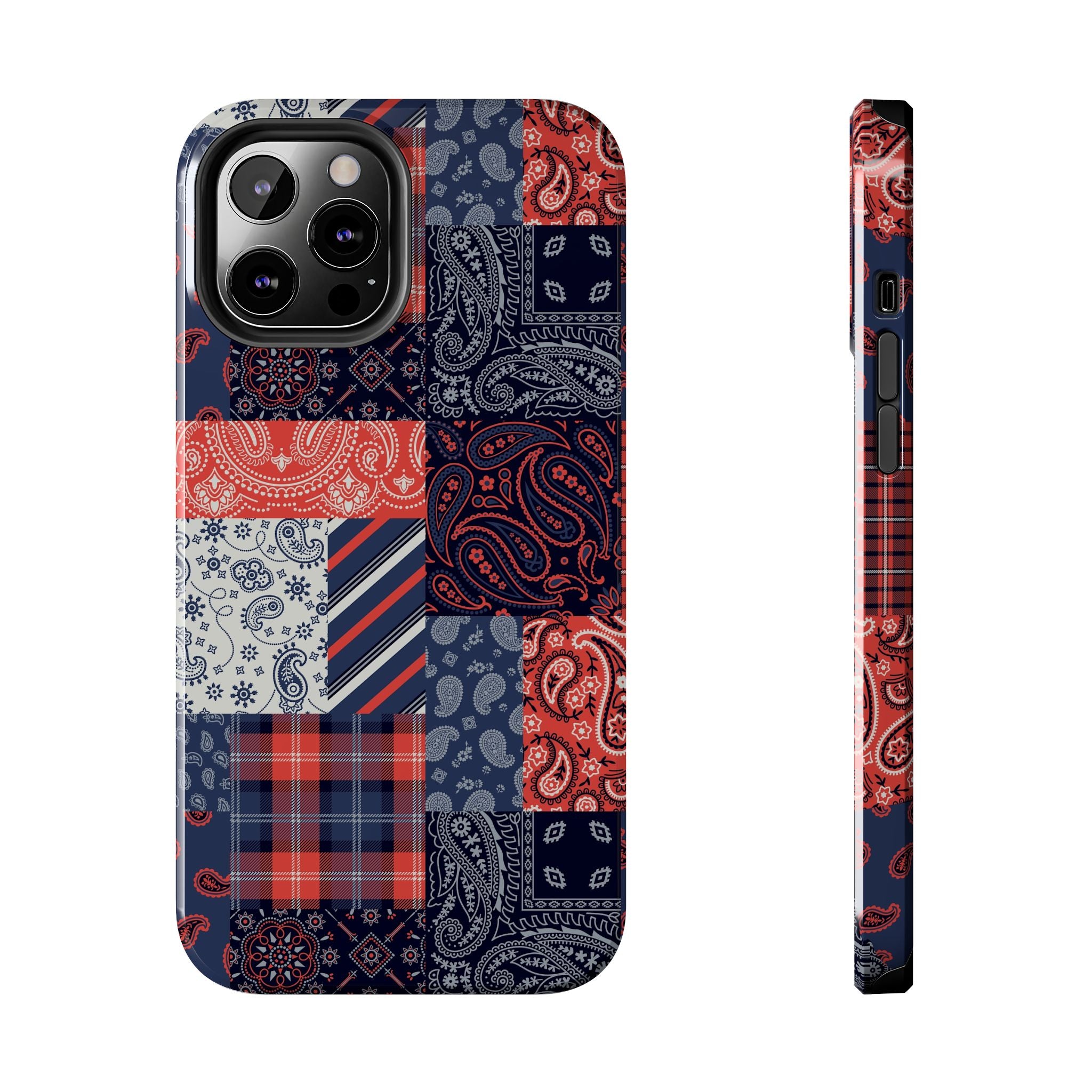 Boho Bandit bandana patchwork iPhone 14 Pro case with cute, bookish design. Perfect phone case for style-conscious individuals.