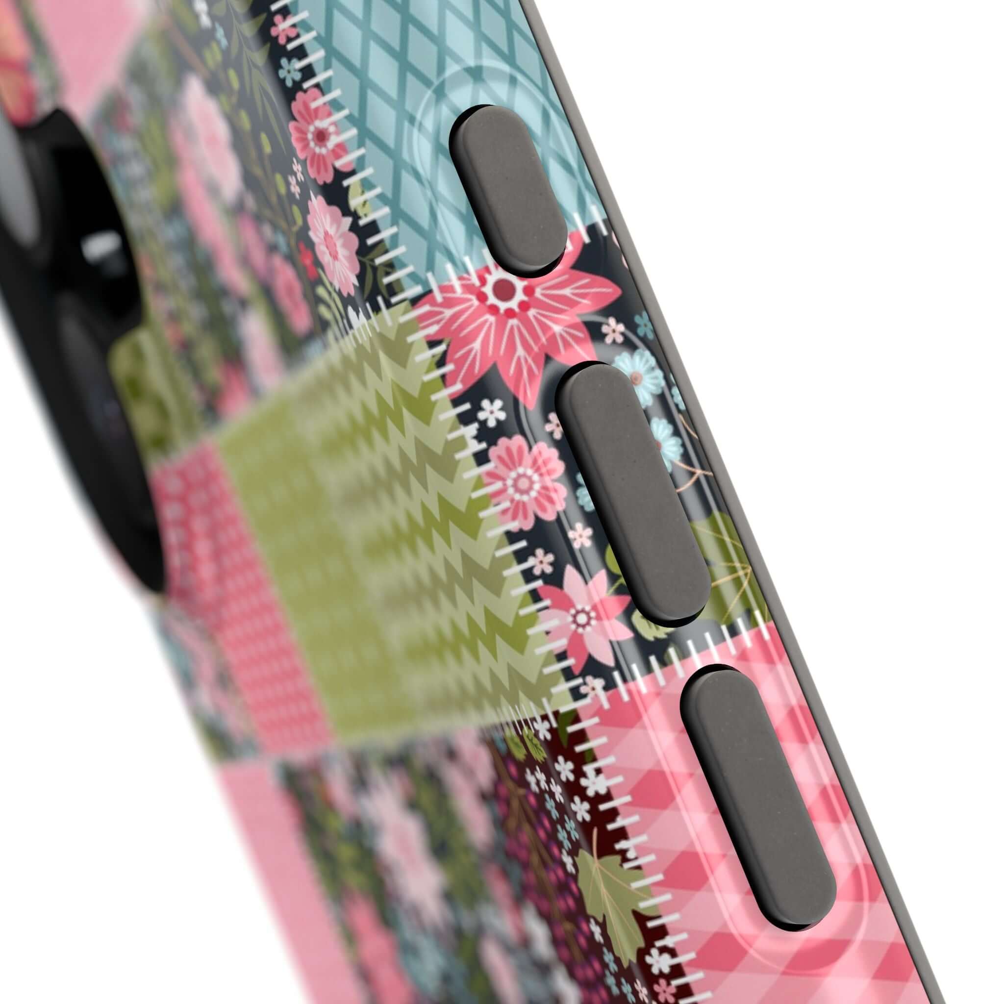 Colorful Flora Forage Wildflower Patchwork MagSafe iPhone Case close-up, showcasing cute floral design and granola girl style.