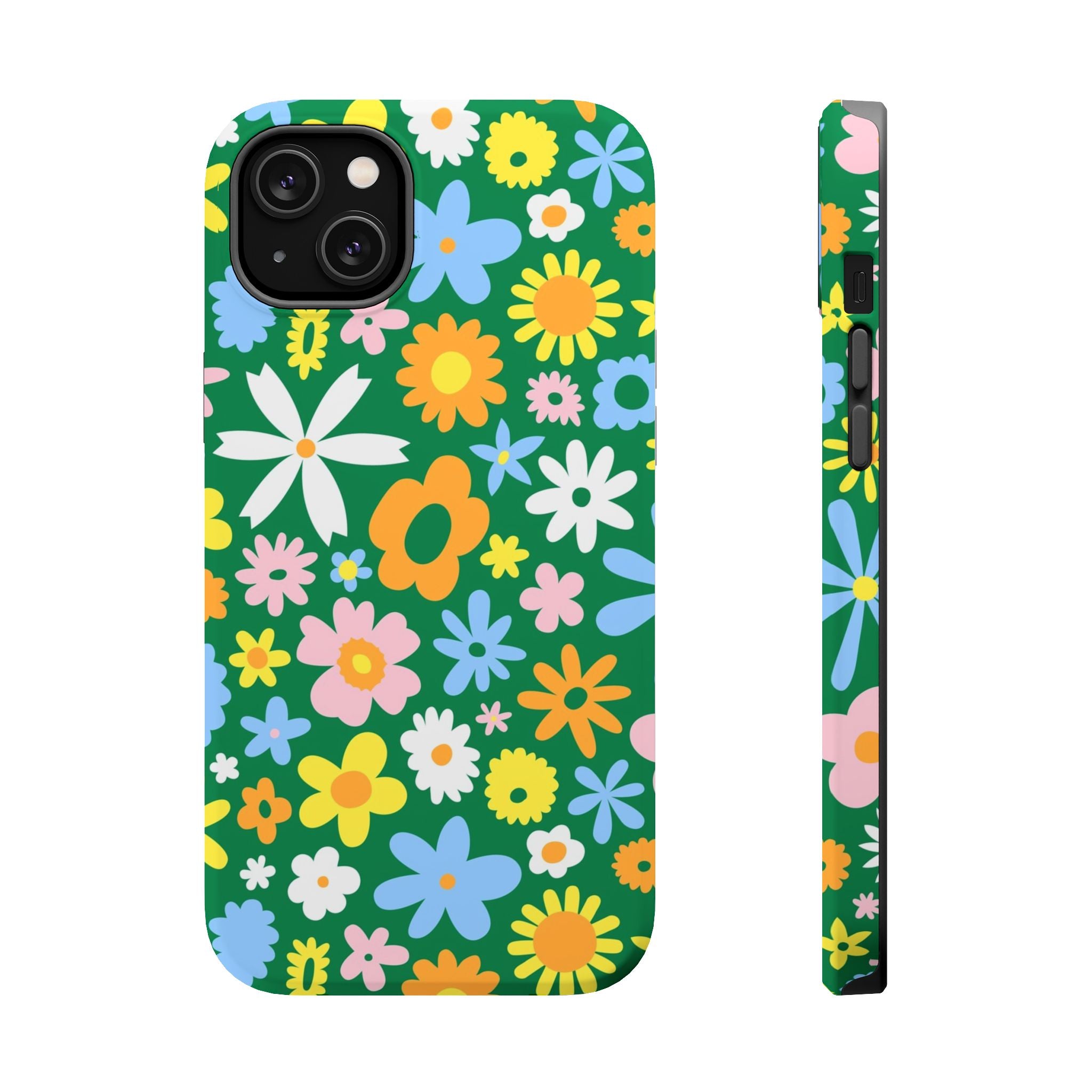 Groovy floral MagSafe iPhone case with vibrant hippie flowers on a green background, a cute phone cover for style and protection.