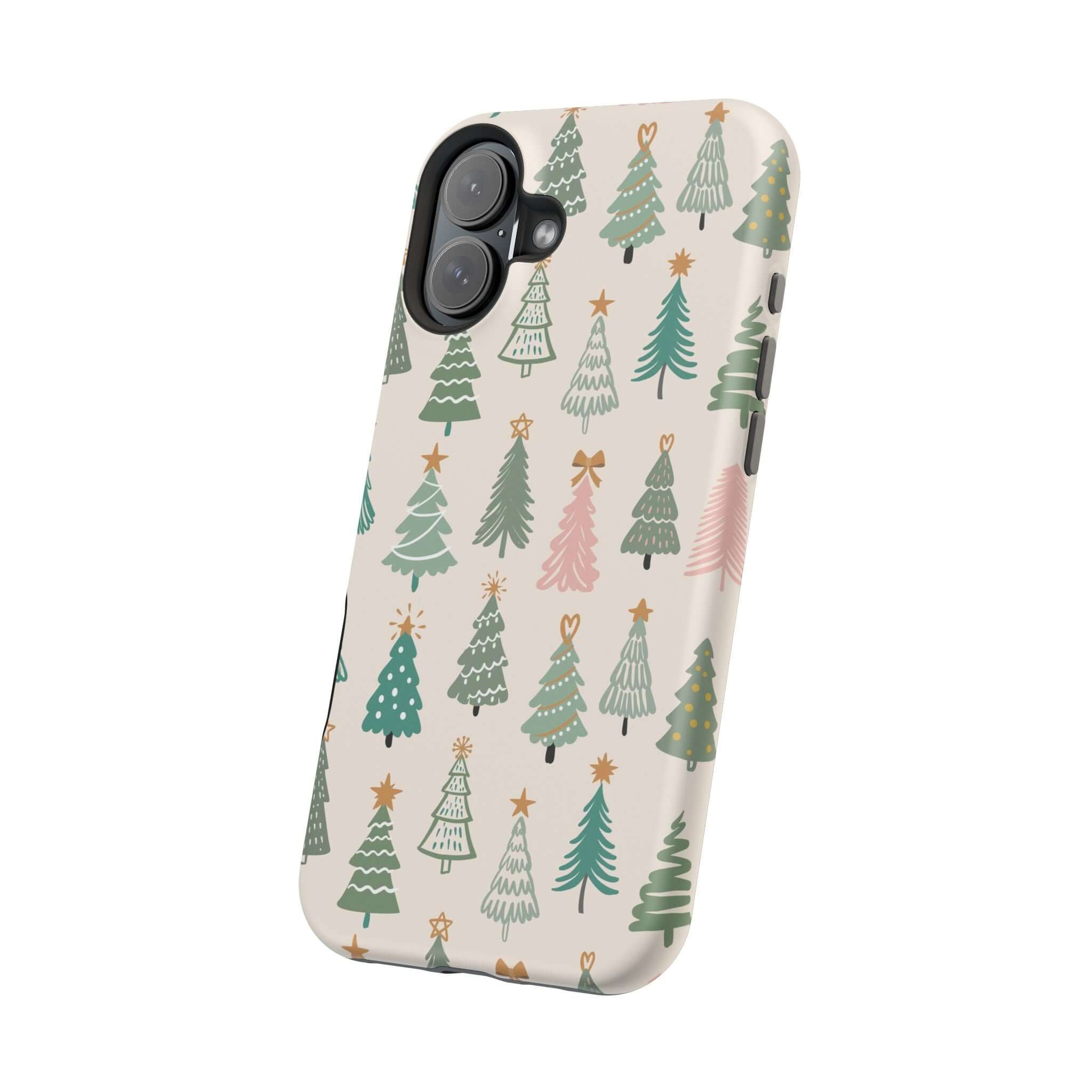 Festive O Christmas Tree MagSafe Case with holiday design, showing various Christmas trees; a cute Xmas phone cover.