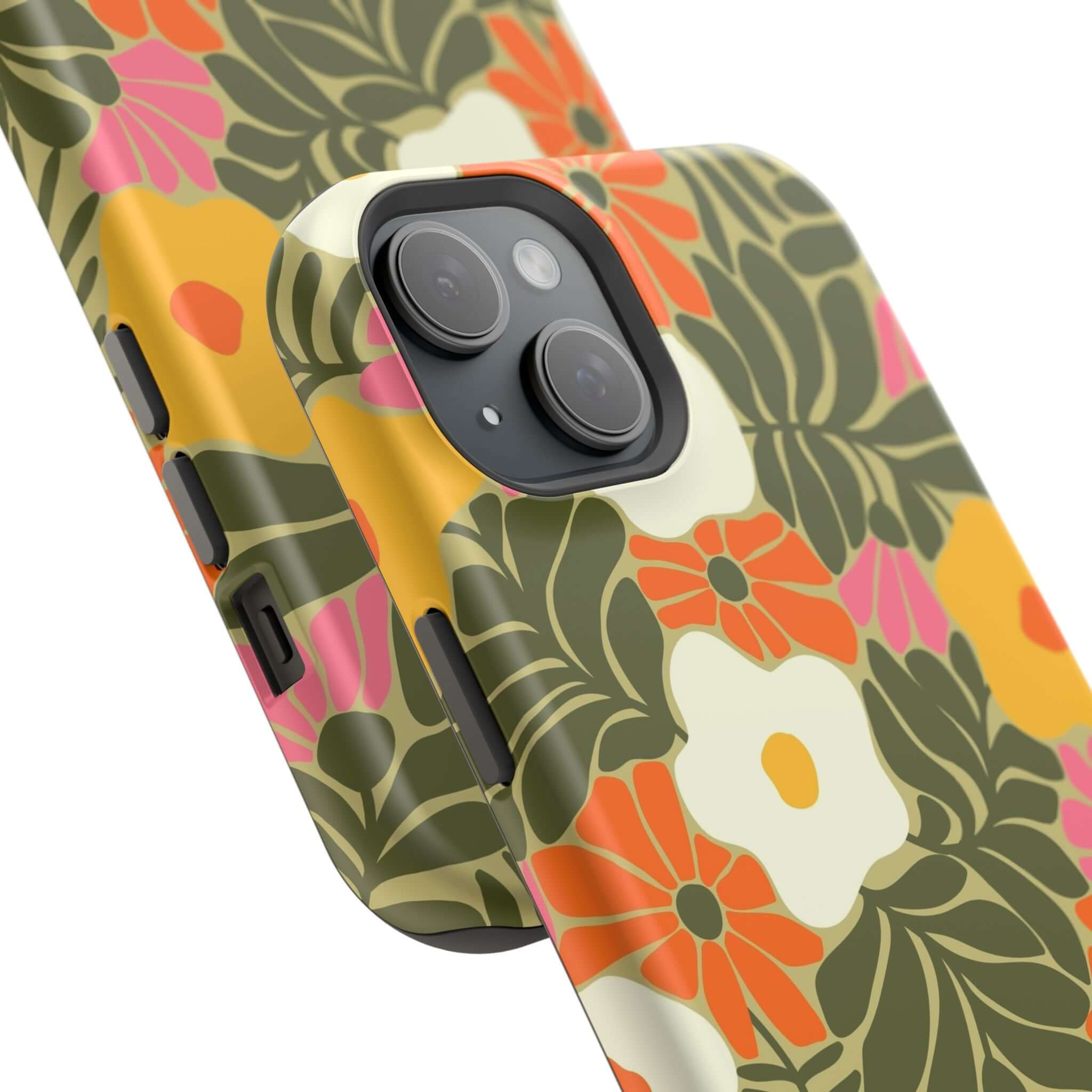 Retro beach vibes phone case featuring colorful tropical flowers, perfect cute phone cover for Apple iPhone.