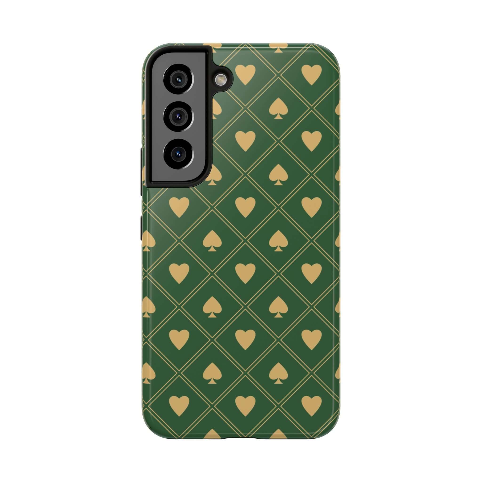 Green spade and heart phone case for Samsung, royal flush design, cute iPhone cover, phone cover with flowers, stylish phone protection.